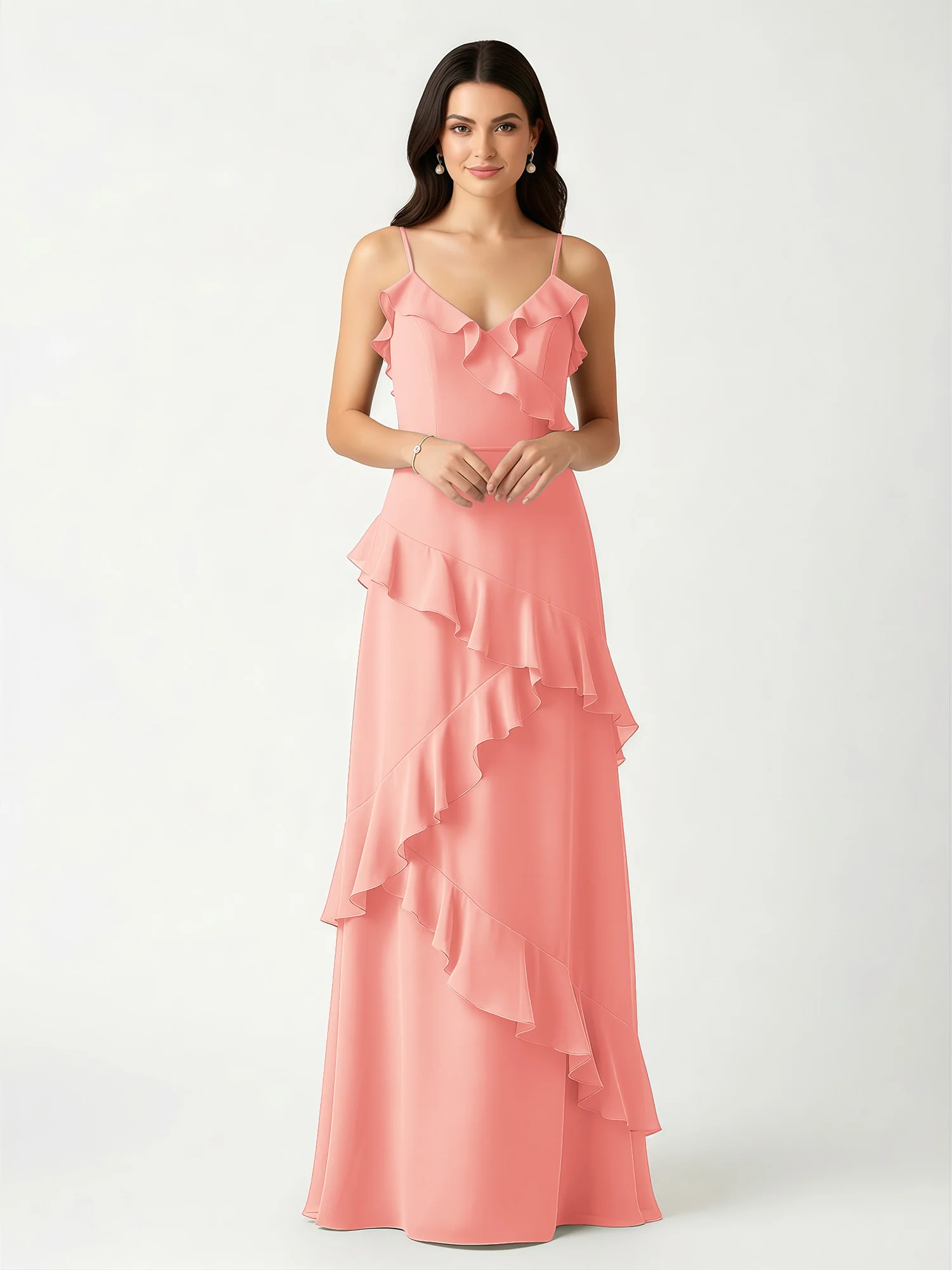 A-Line Chiffon Ruffle Floor Length V-Neck Dresses Coral
