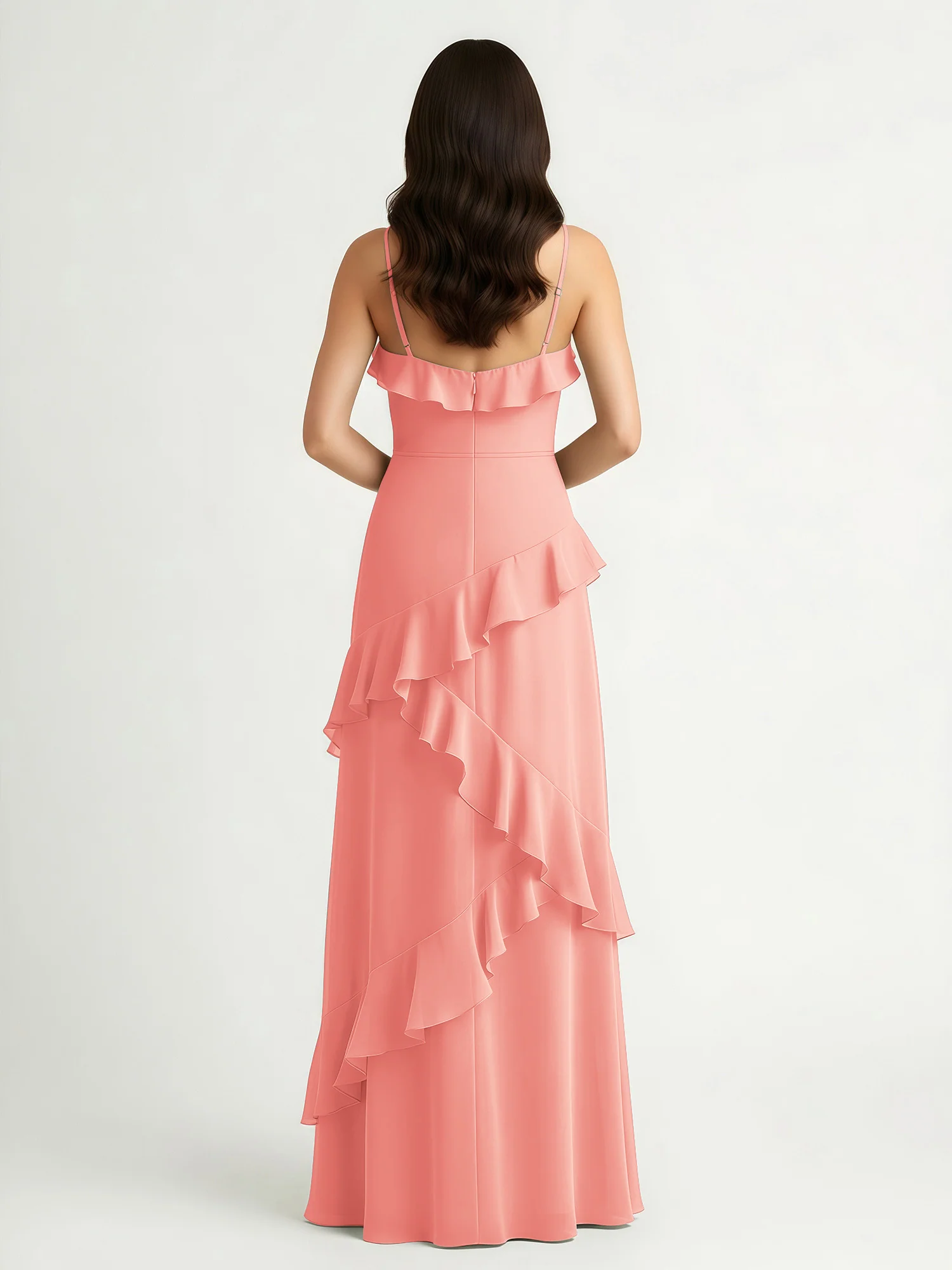 A-Line Chiffon Ruffle Floor Length V-Neck Dresses Coral - Image 2