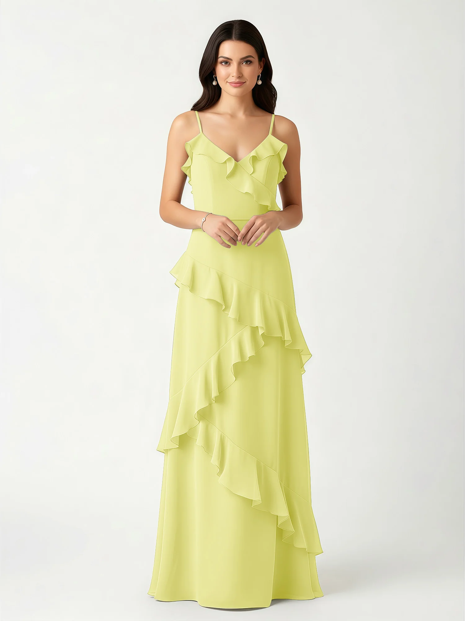 A-Line Chiffon Ruffle Floor Length V-Neck Dresses Daffodil