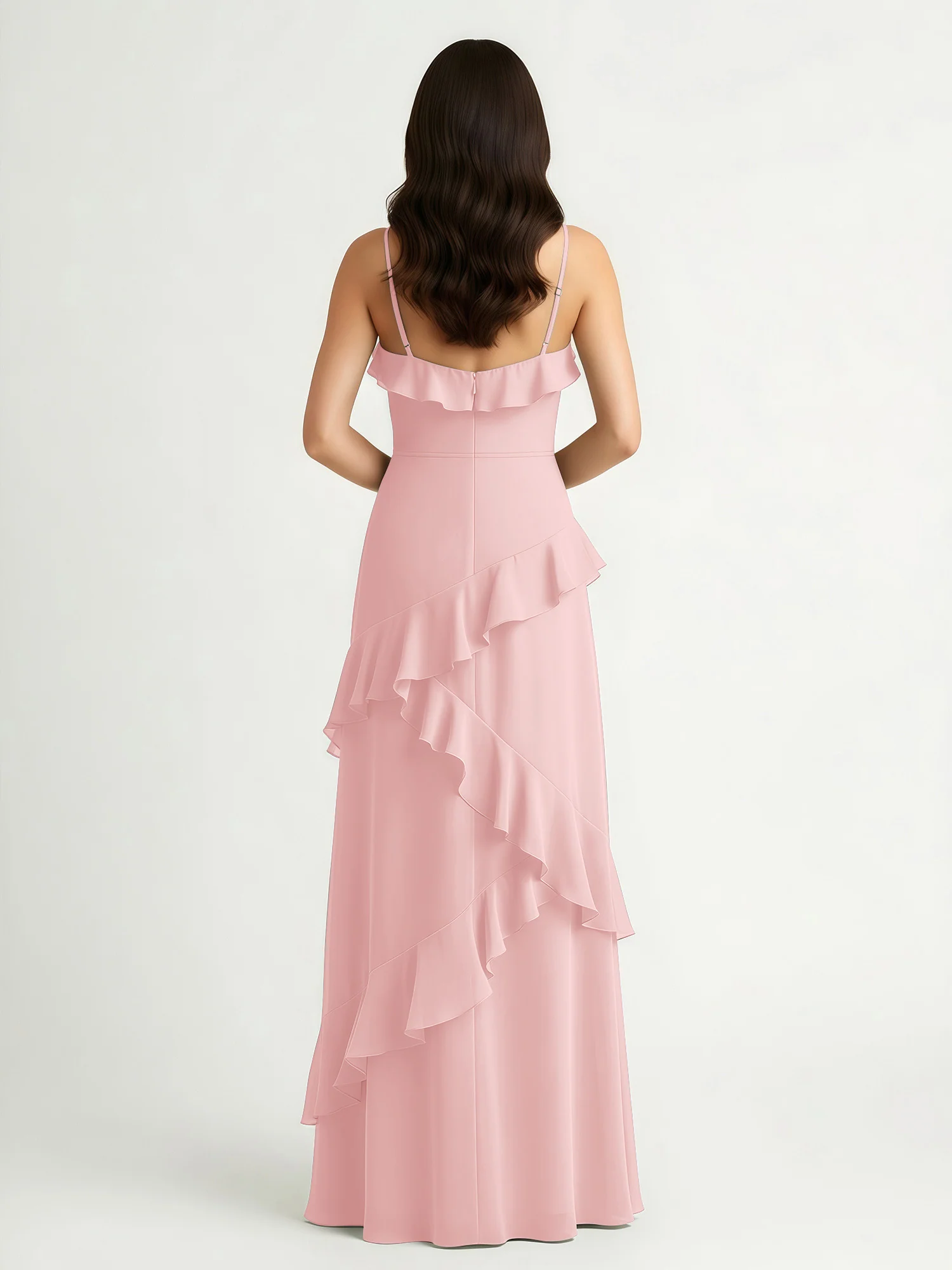 A-Line Chiffon Ruffle Floor Length V-Neck Dresses Dusty Rose - Image 2