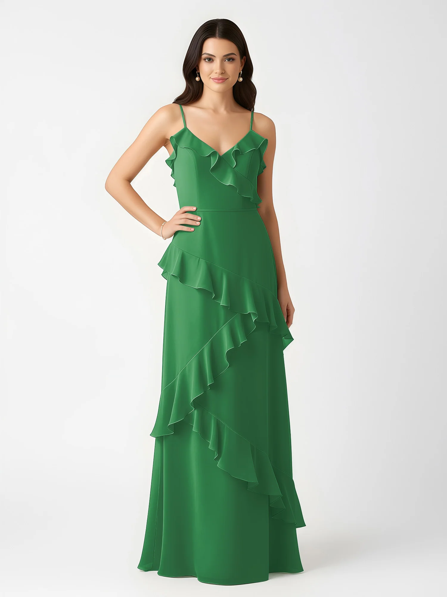 A-Line Chiffon Ruffle Floor Length V-Neck Dresses Emerald - Image 3