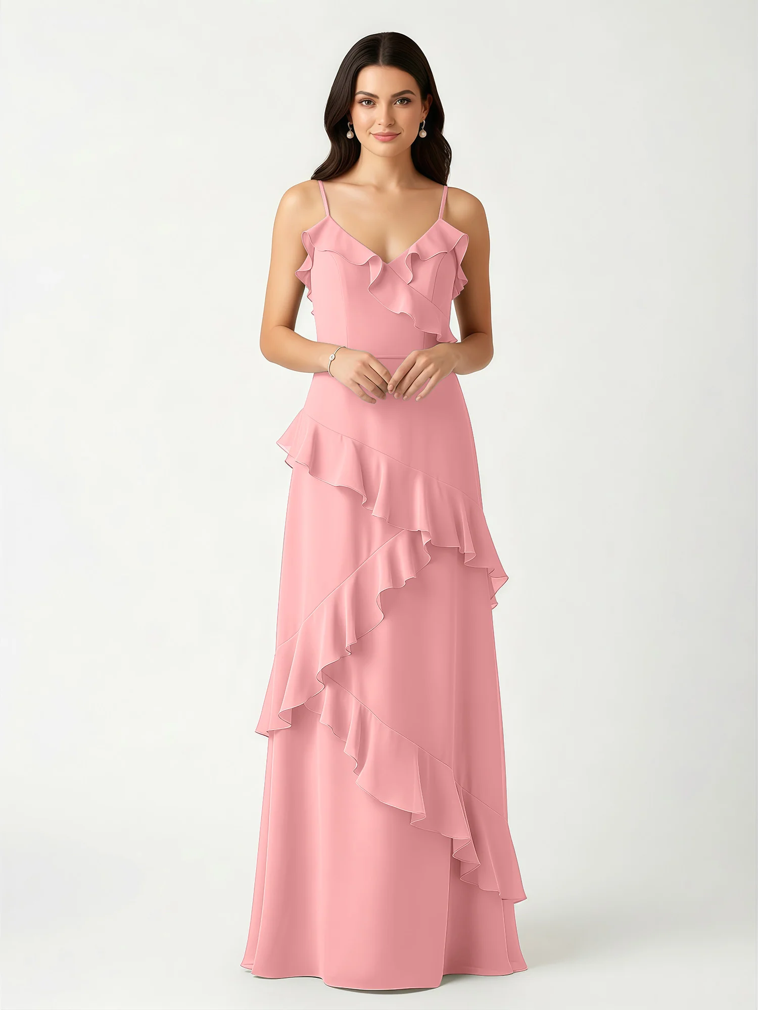 A-Line Chiffon Ruffle Floor Length V-Neck Dresses Flamingo