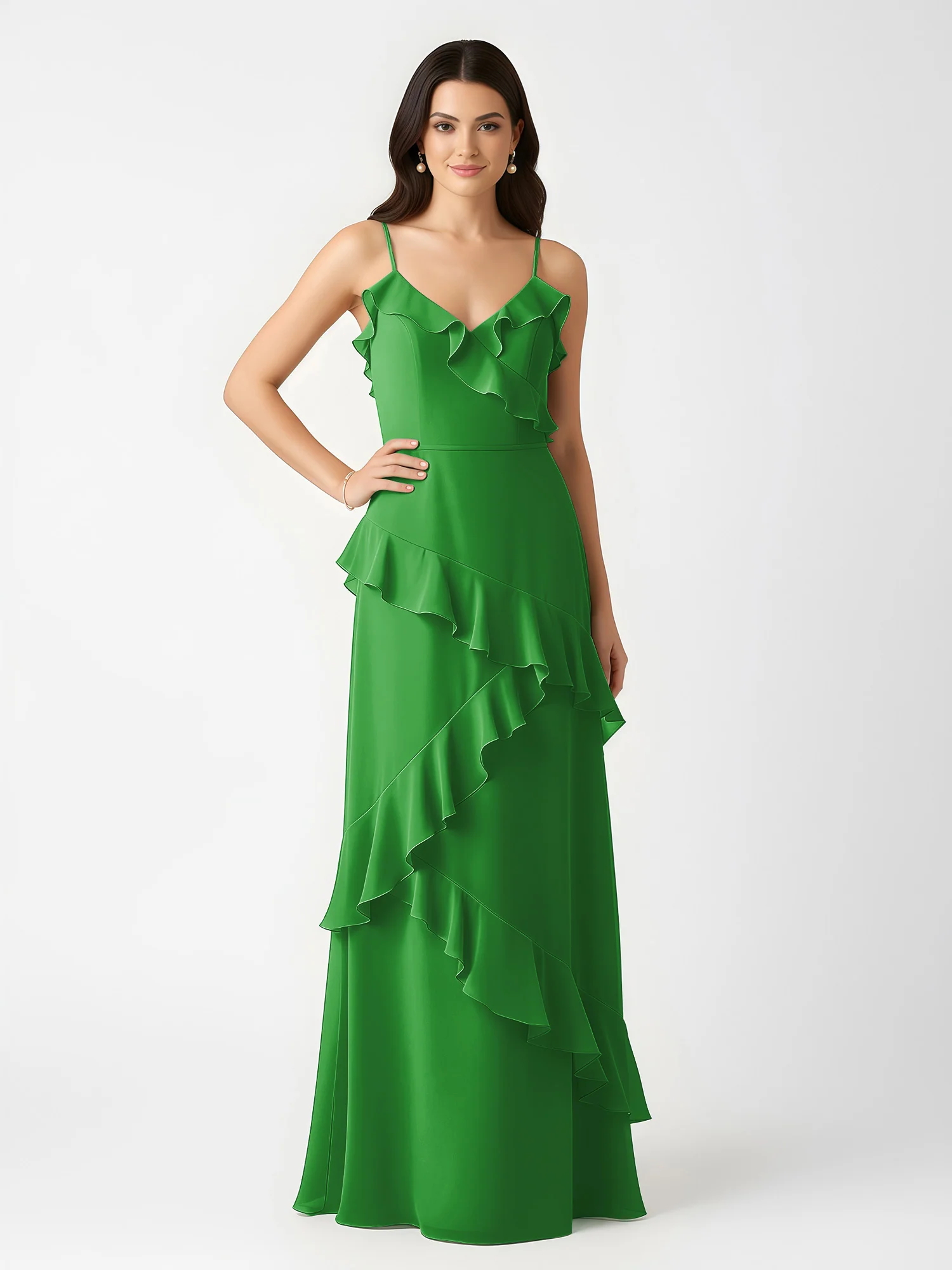 A-Line Chiffon Ruffle Floor Length V-Neck Dresses Green - Image 3