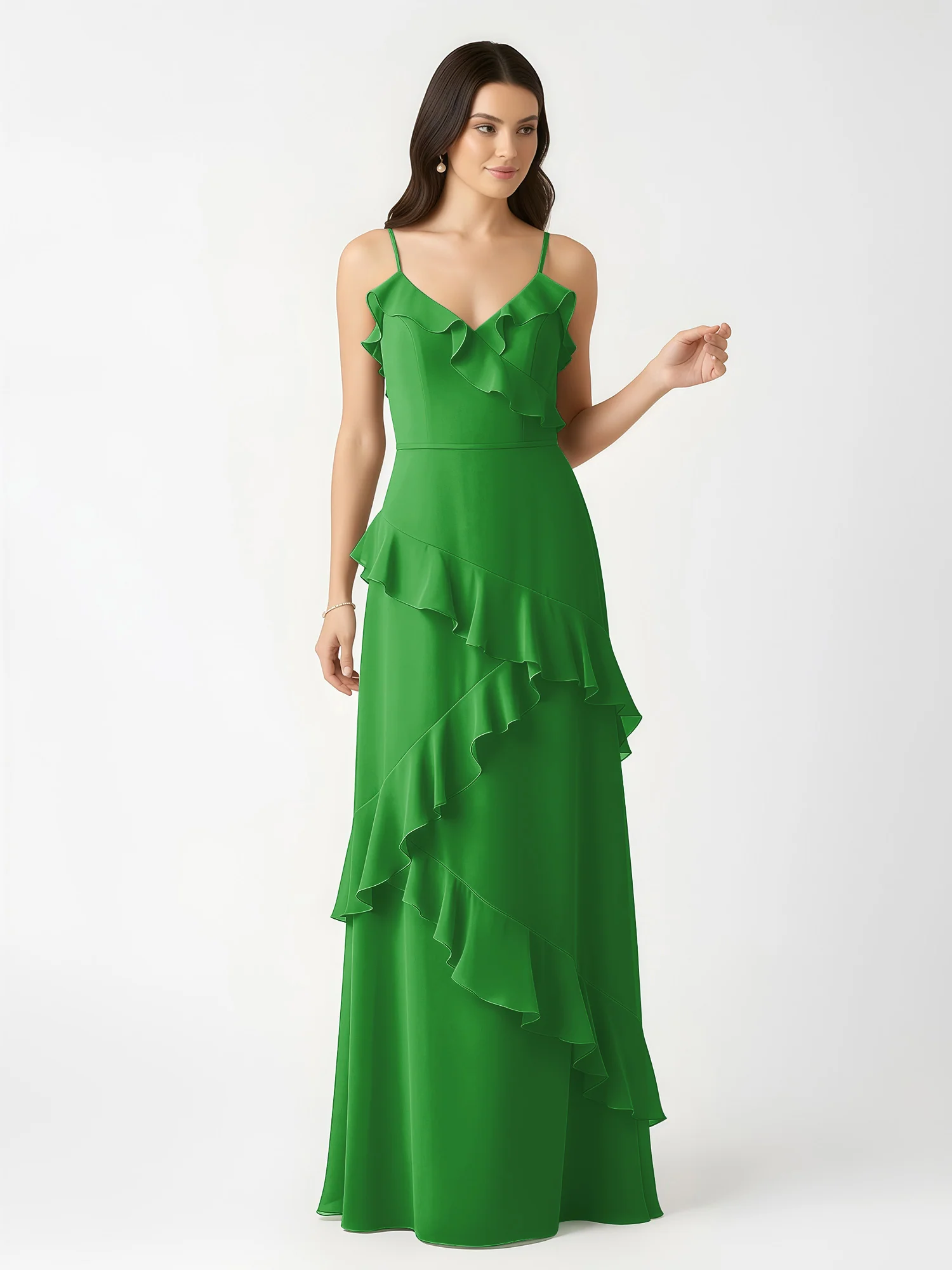 A-Line Chiffon Ruffle Floor Length V-Neck Dresses Green - Image 4