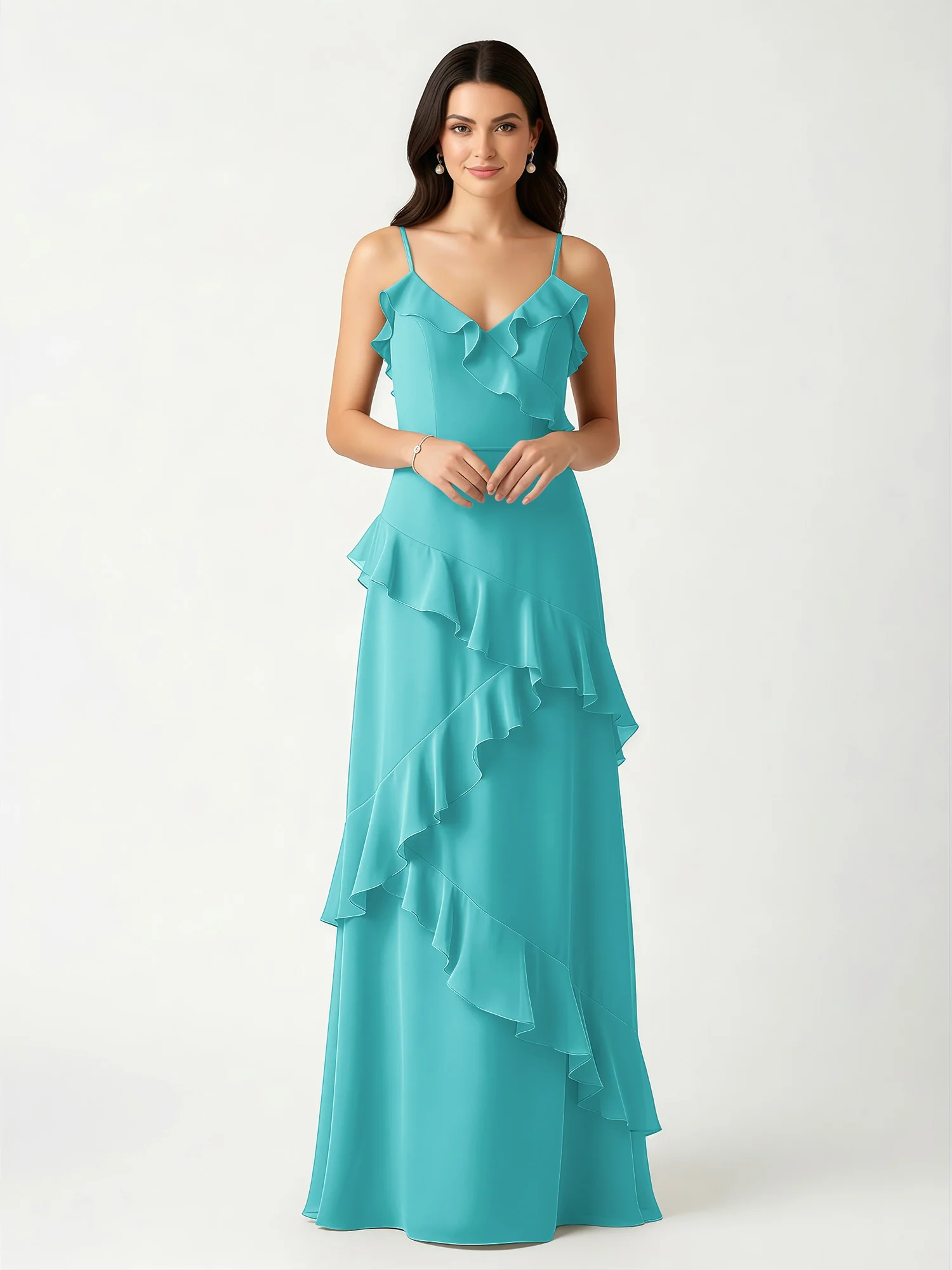 A-Line Chiffon Ruffle Floor Length V-Neck Dresses Jade