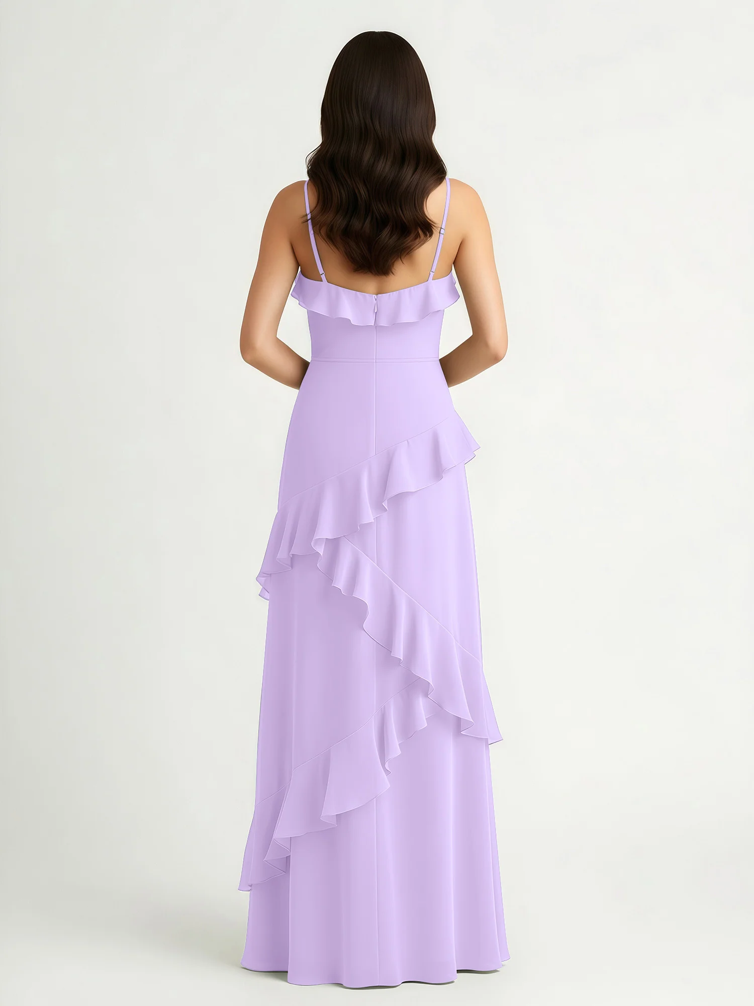 A-Line Chiffon Ruffle Floor Length V-Neck Dresses Lilac - Image 2