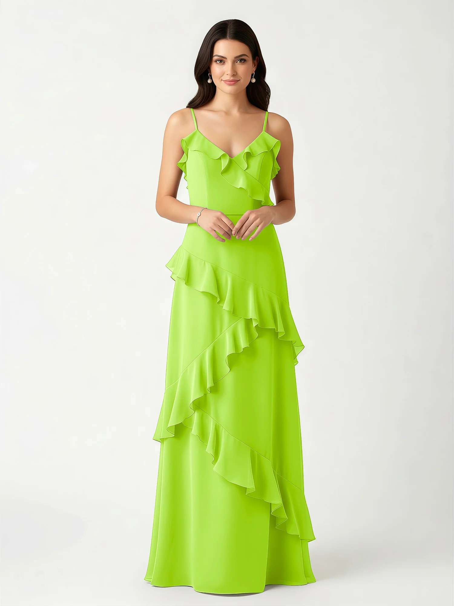 A-Line Chiffon Ruffle Floor Length V-Neck Dresses Lime Green