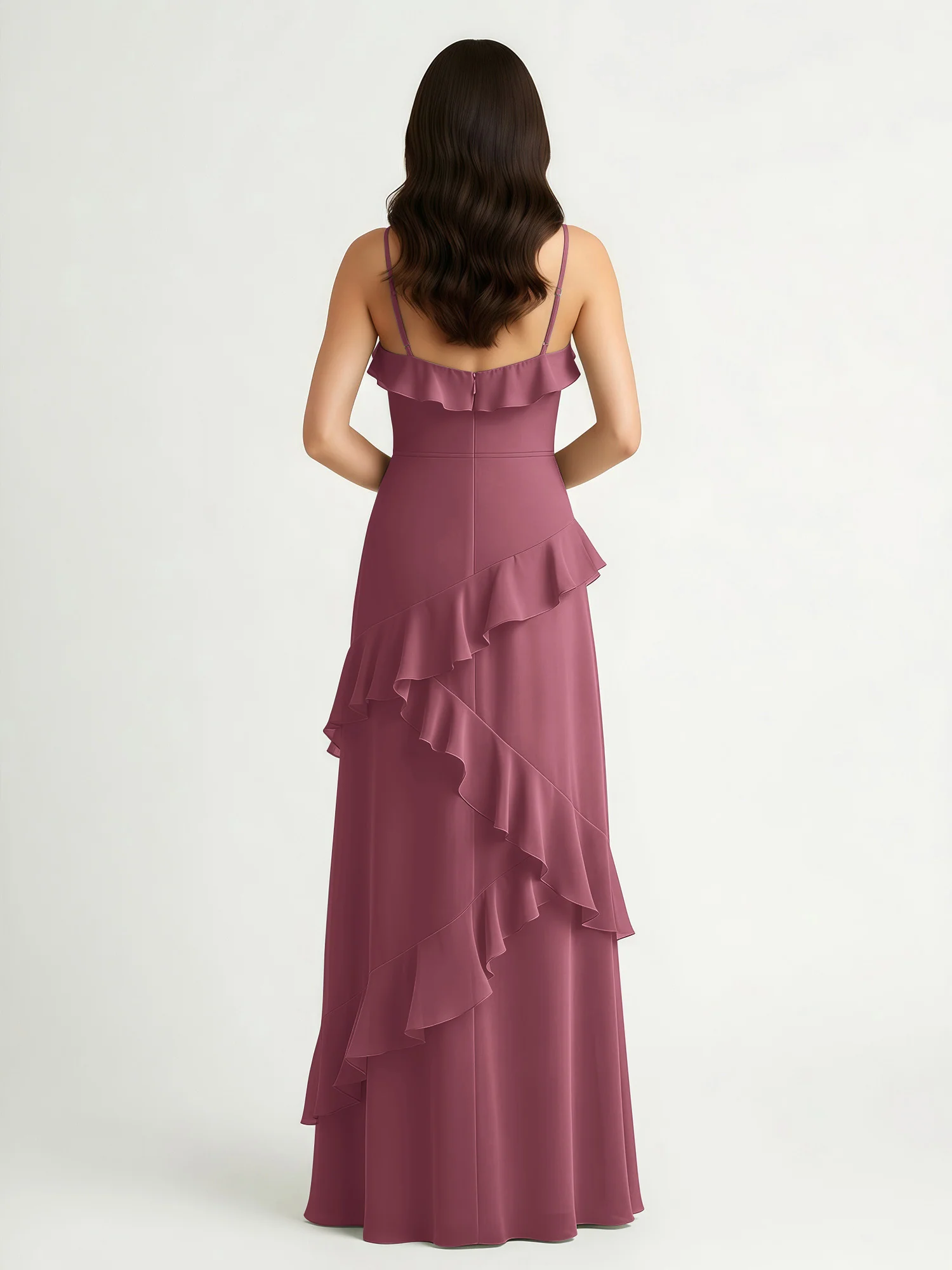 A-Line Chiffon Ruffle Floor Length V-Neck Dresses Mulberry - Image 2