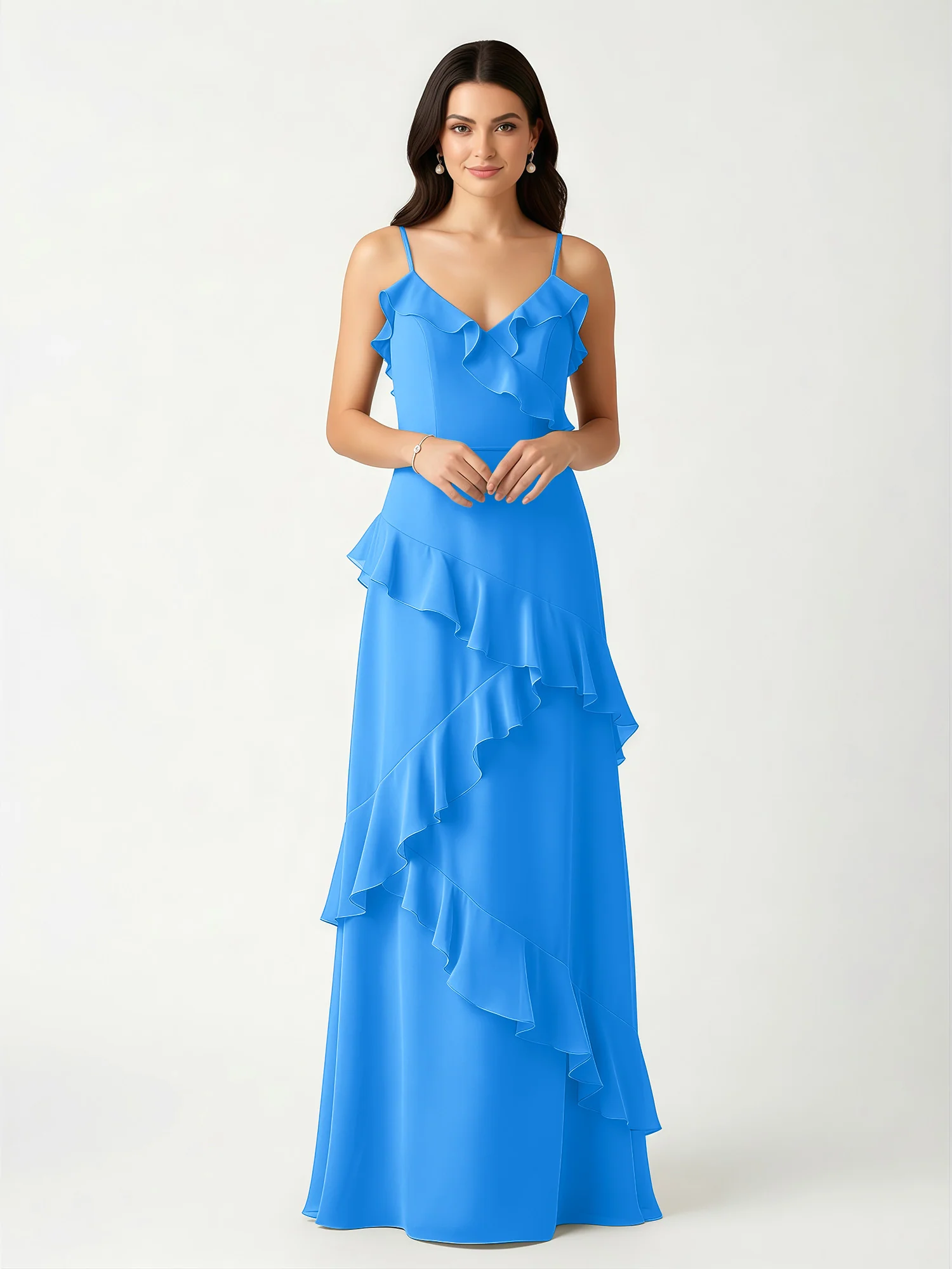 A-Line Chiffon Ruffle Floor Length V-Neck Dresses Ocean Blue