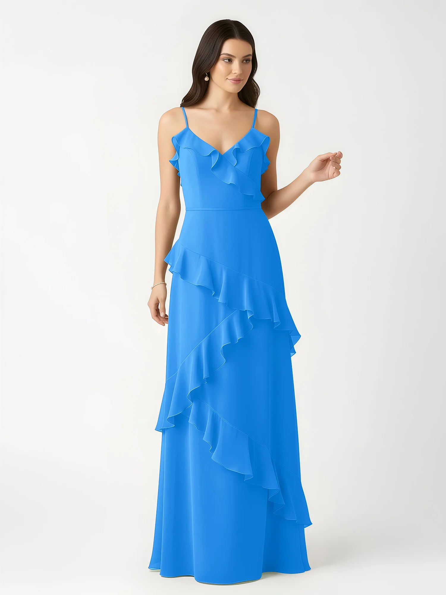 A-Line Chiffon Ruffle Floor Length V-Neck Dresses Ocean Blue - Image 4