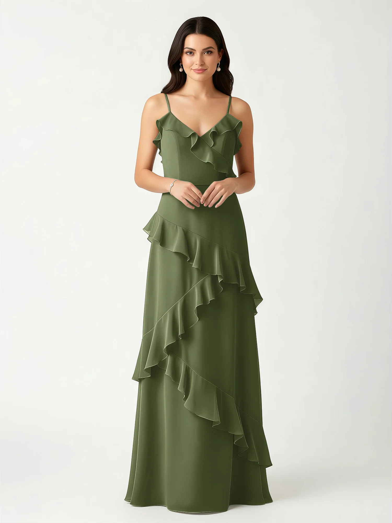 A-Line Chiffon Ruffle Floor Length V-Neck Dresses Olive Green