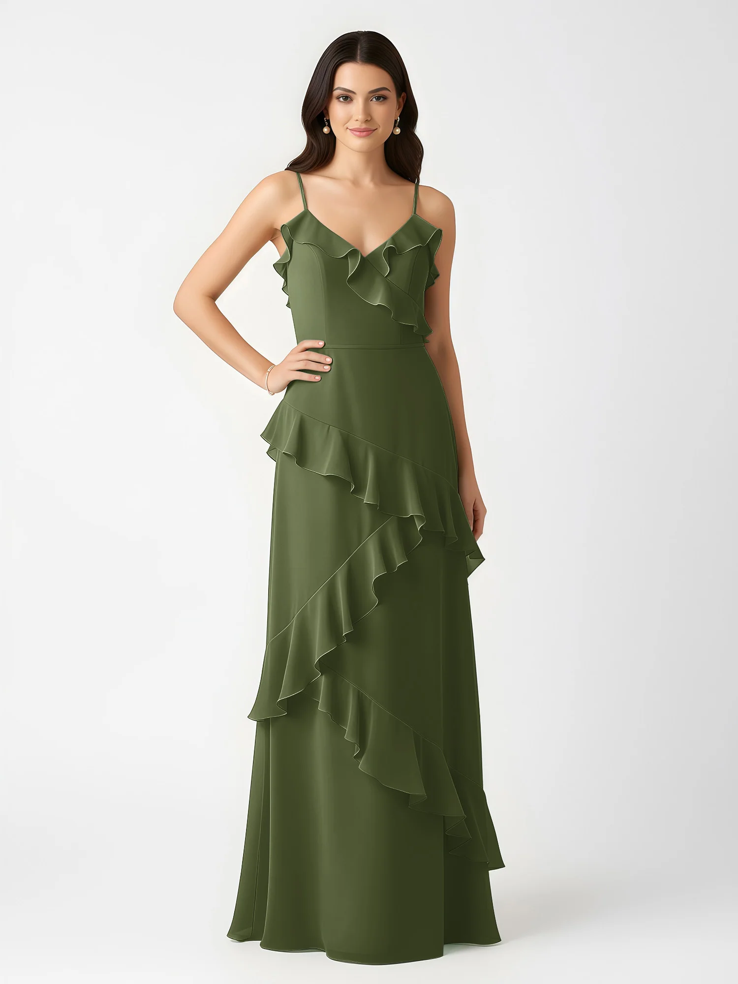A-Line Chiffon Ruffle Floor Length V-Neck Dresses Olive Green - Image 3