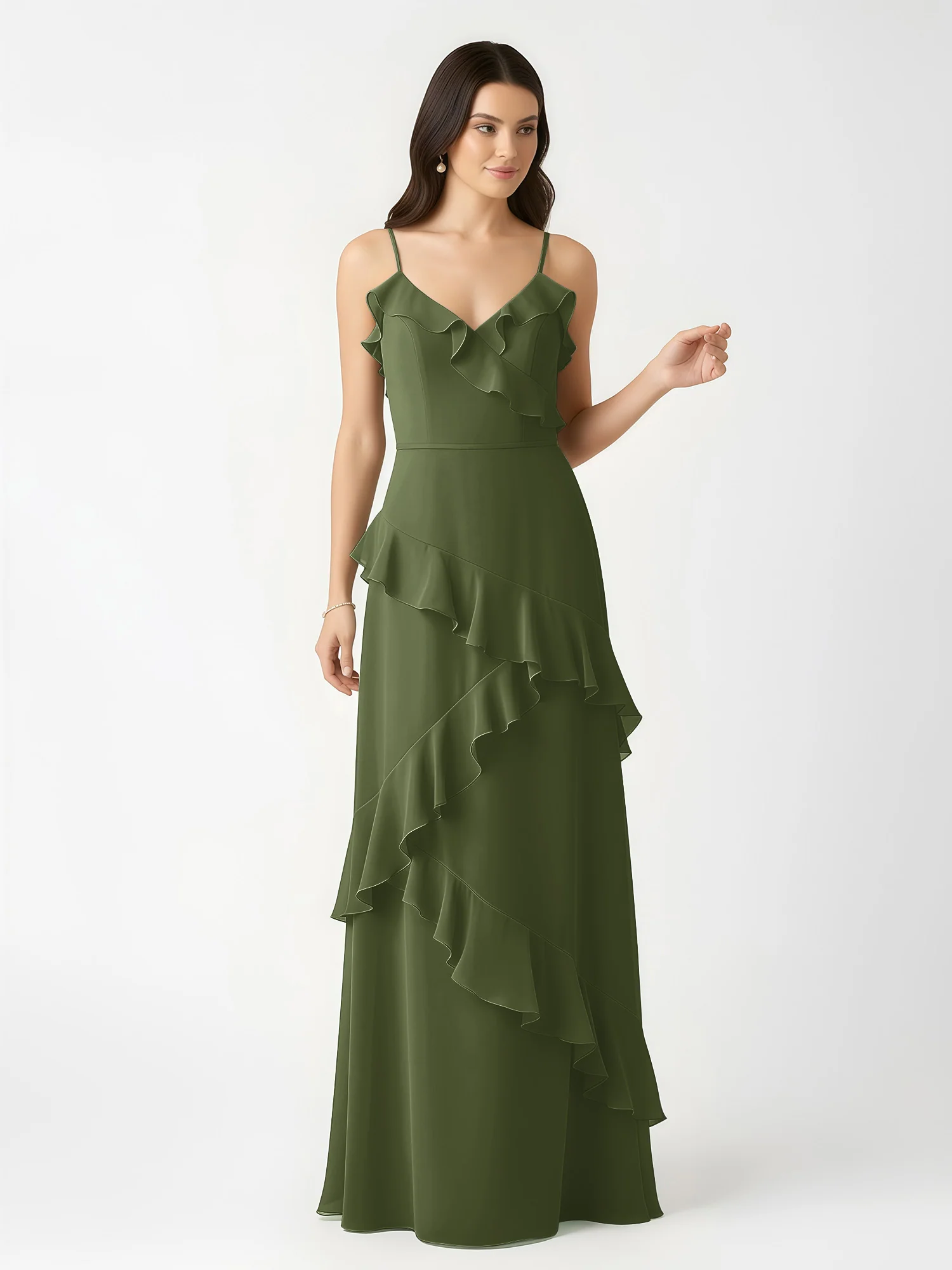 A-Line Chiffon Ruffle Floor Length V-Neck Dresses Olive Green - Image 4