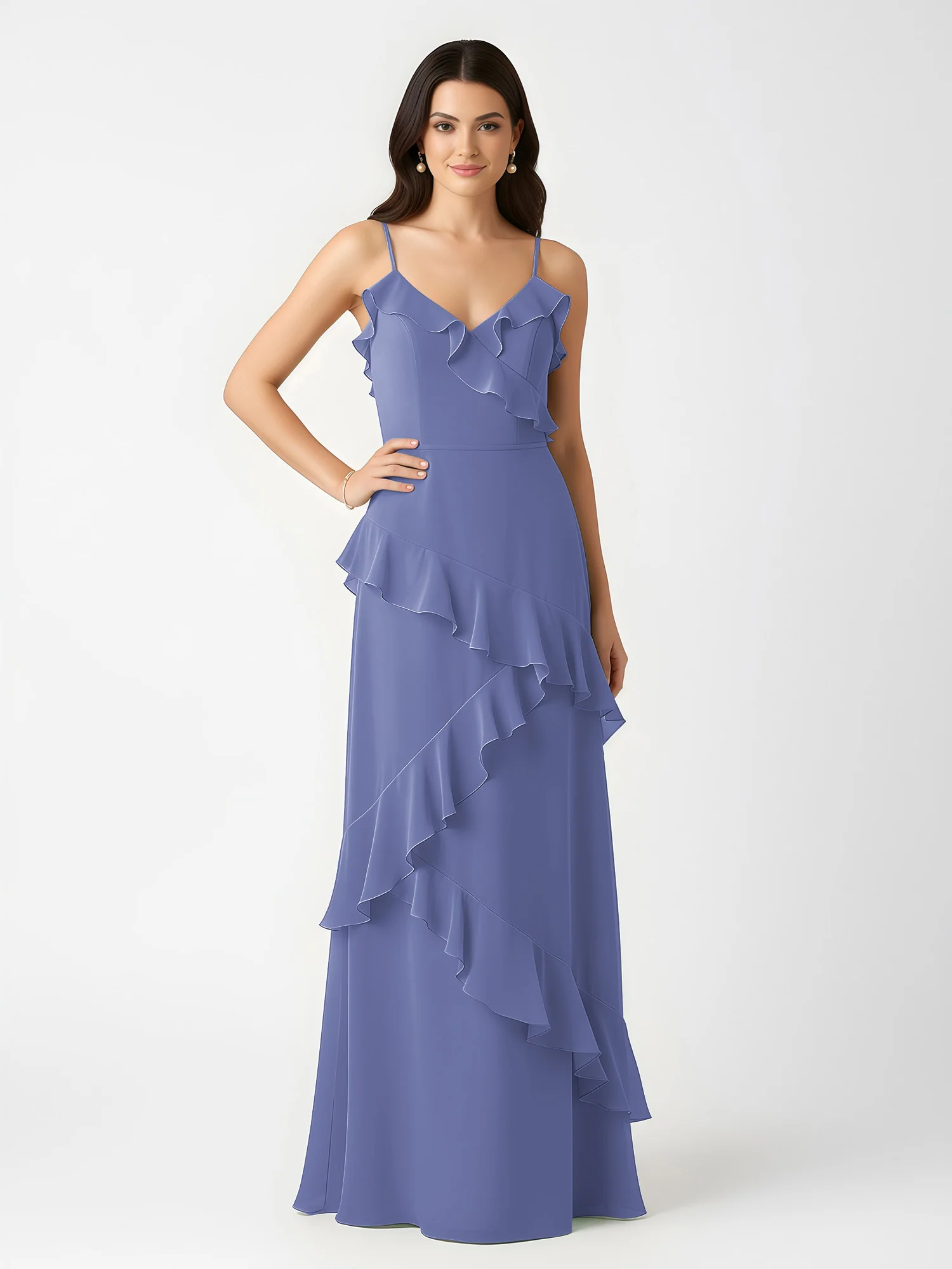 A-Line Chiffon Ruffle Floor Length V-Neck Dresses Periwinkle - Image 3