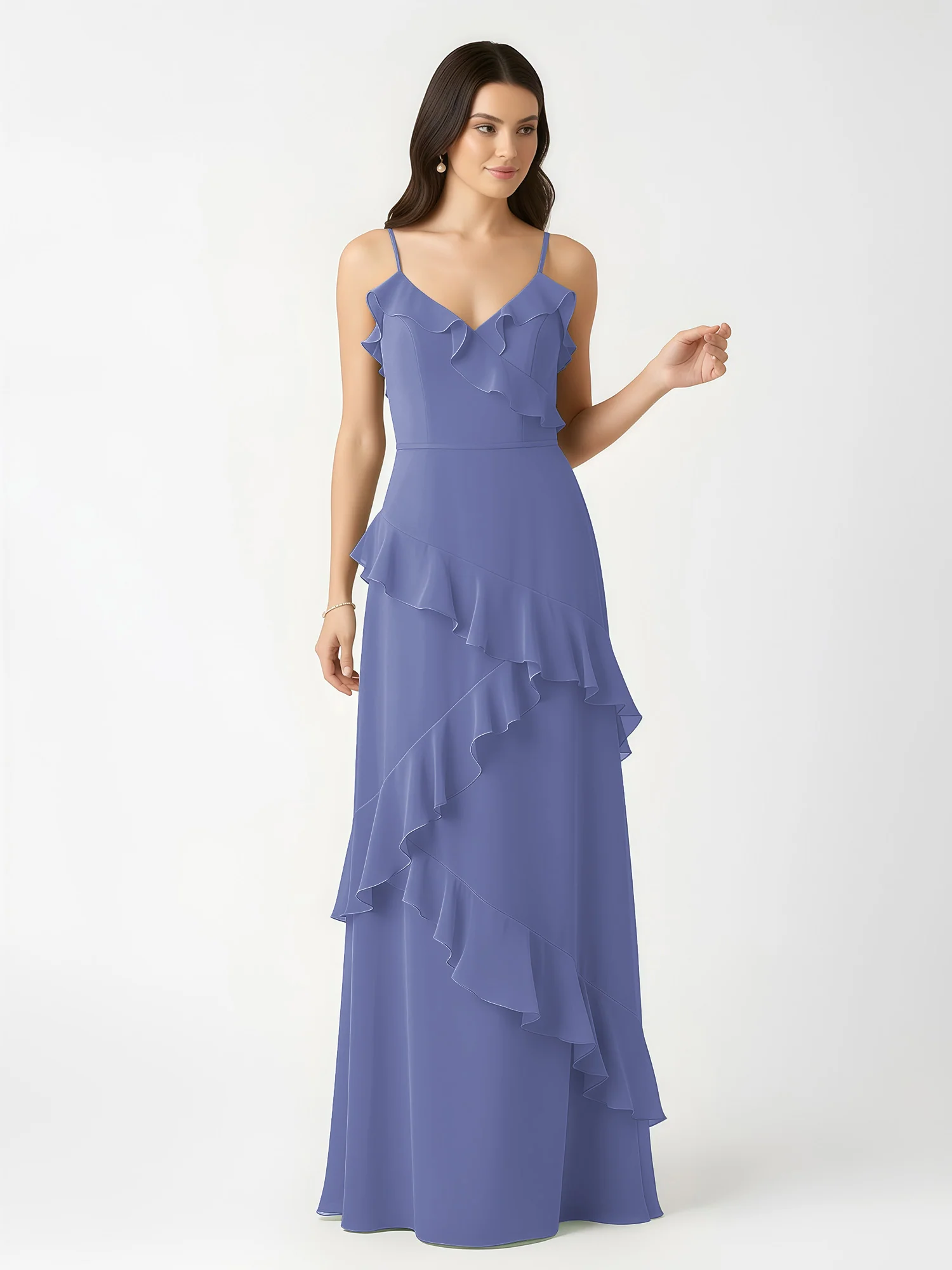 A-Line Chiffon Ruffle Floor Length V-Neck Dresses Periwinkle - Image 4