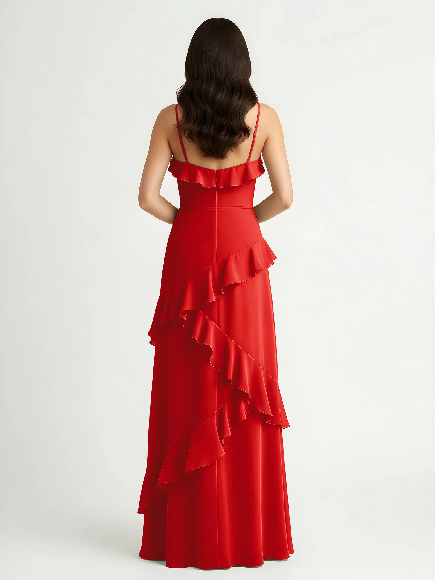 A-Line Chiffon Ruffle Floor Length V-Neck Dresses Red - Image 2