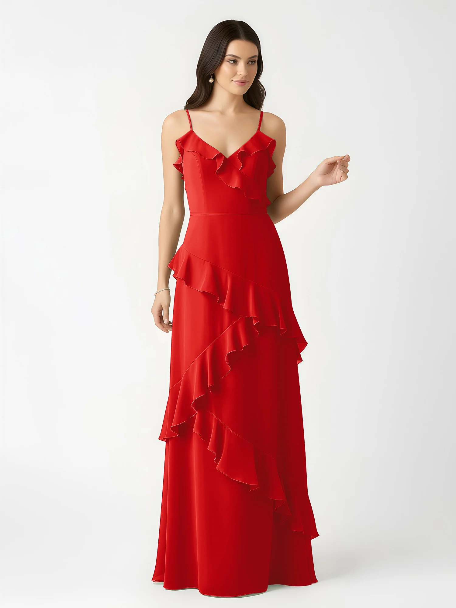 A-Line Chiffon Ruffle Floor Length V-Neck Dresses Red - Image 4