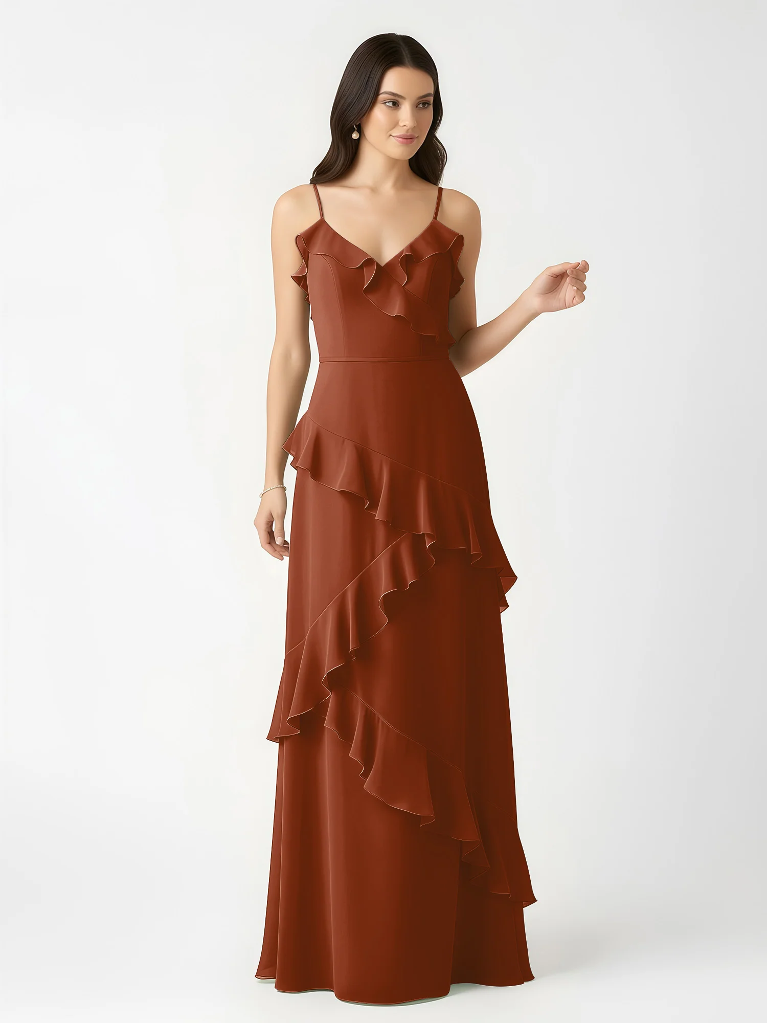 A-Line Chiffon Ruffle Floor Length V-Neck Dresses Terracotta - Image 4