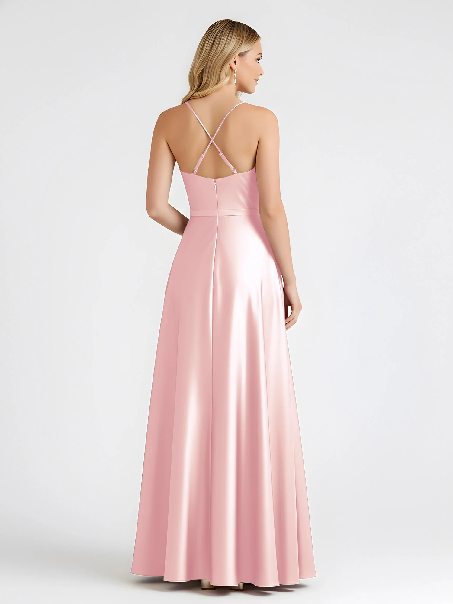 A-Line Satin Floor Length Cowl Neck Ruched Dresses Blushing Pink - Image 2