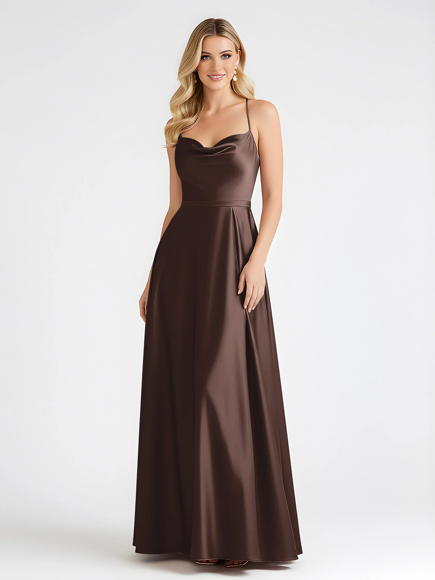 A-Line Satin Floor Length Cowl Neck Ruched Dresses Chocolate - Image 3