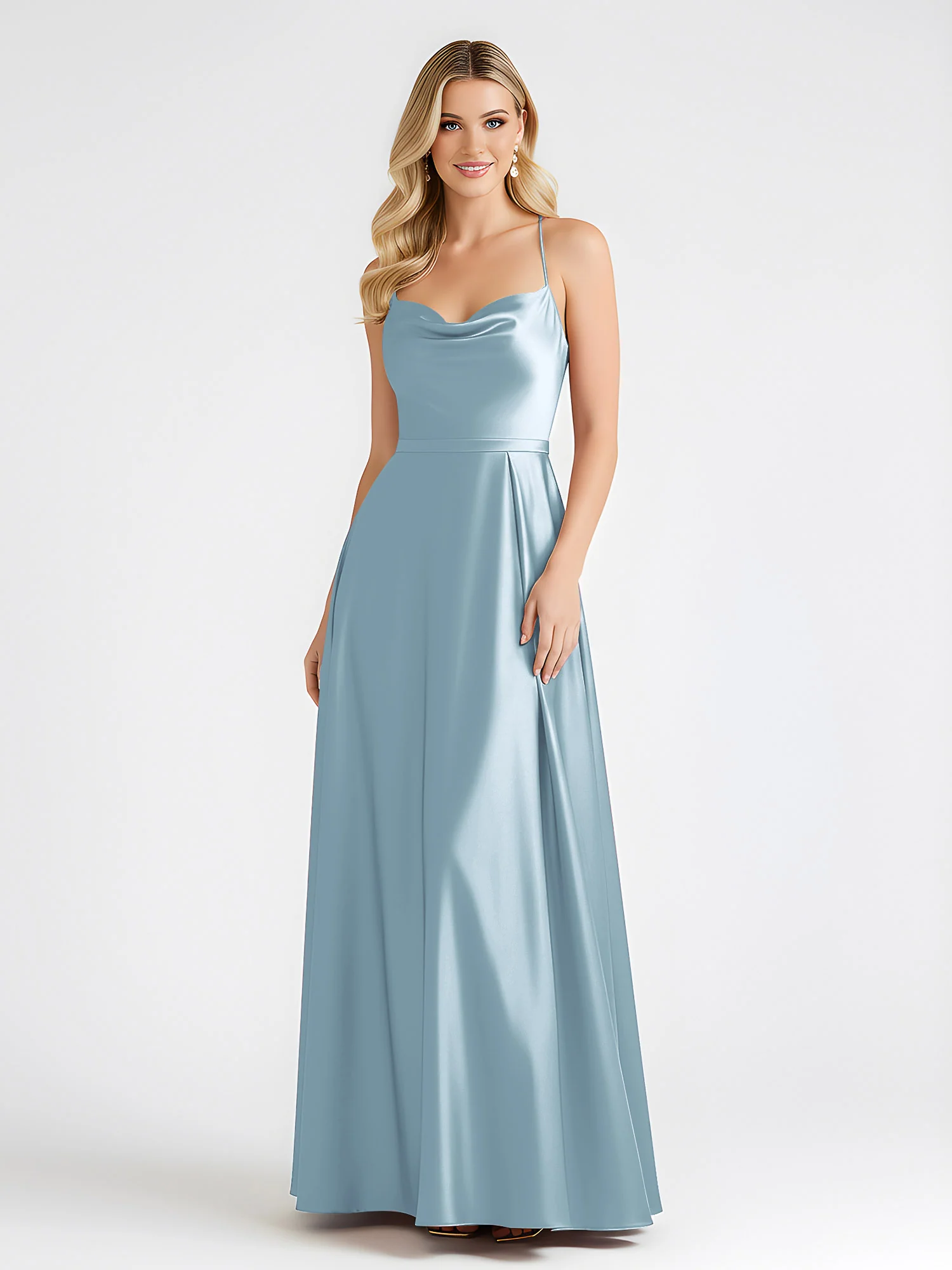 A-Line Satin Floor Length Cowl Neck Ruched Dresses Dusty Blue - Image 3