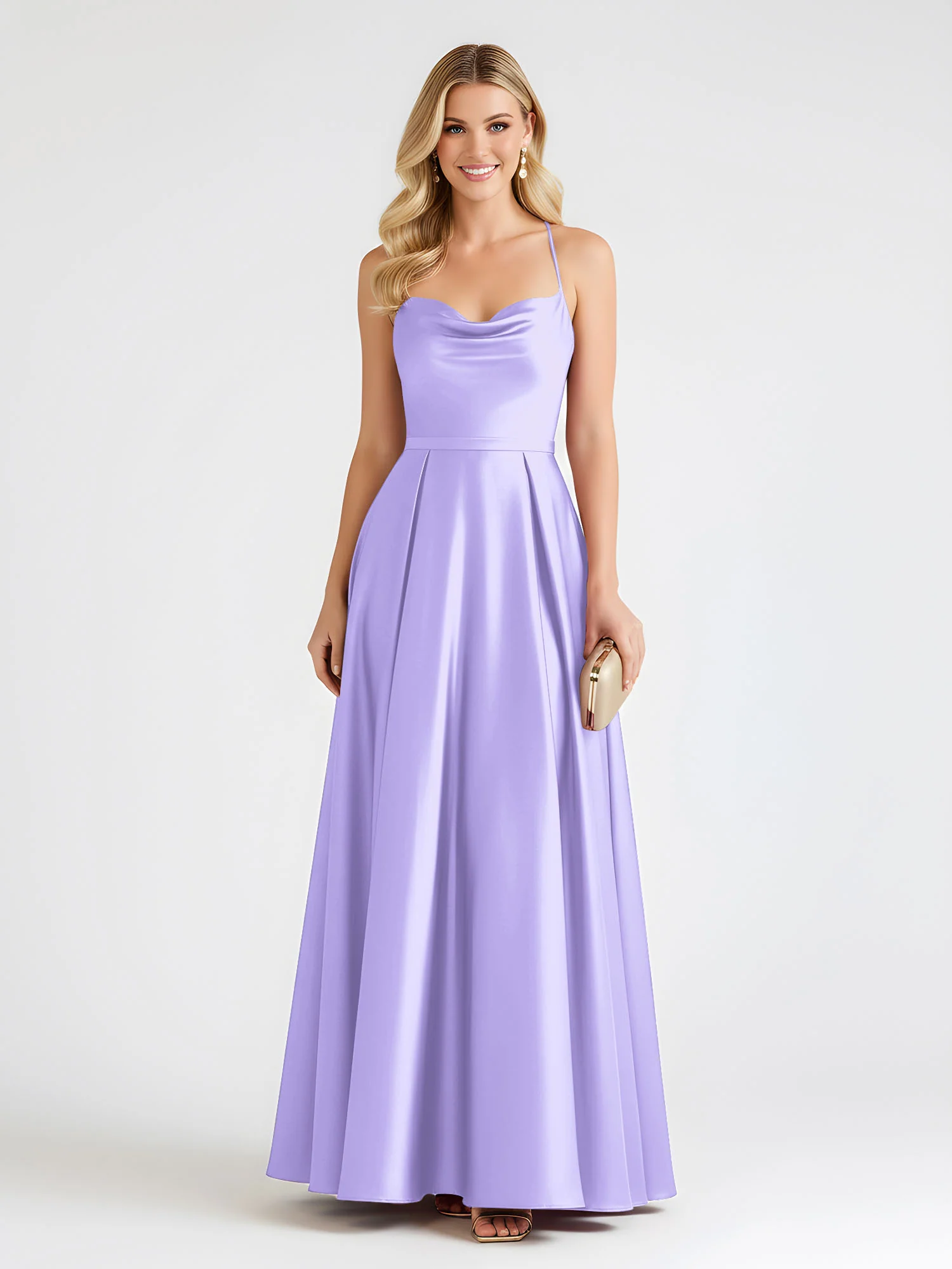 A-Line Satin Floor Length Cowl Neck Ruched Dresses Lilac