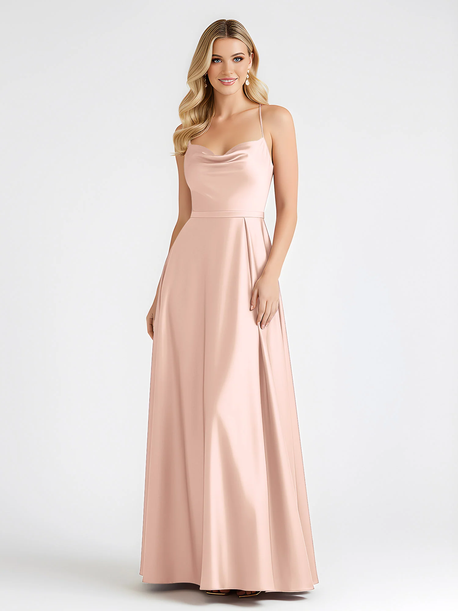 A-Line Satin Floor Length Cowl Neck Ruched Dresses Pearl Pink - Image 3