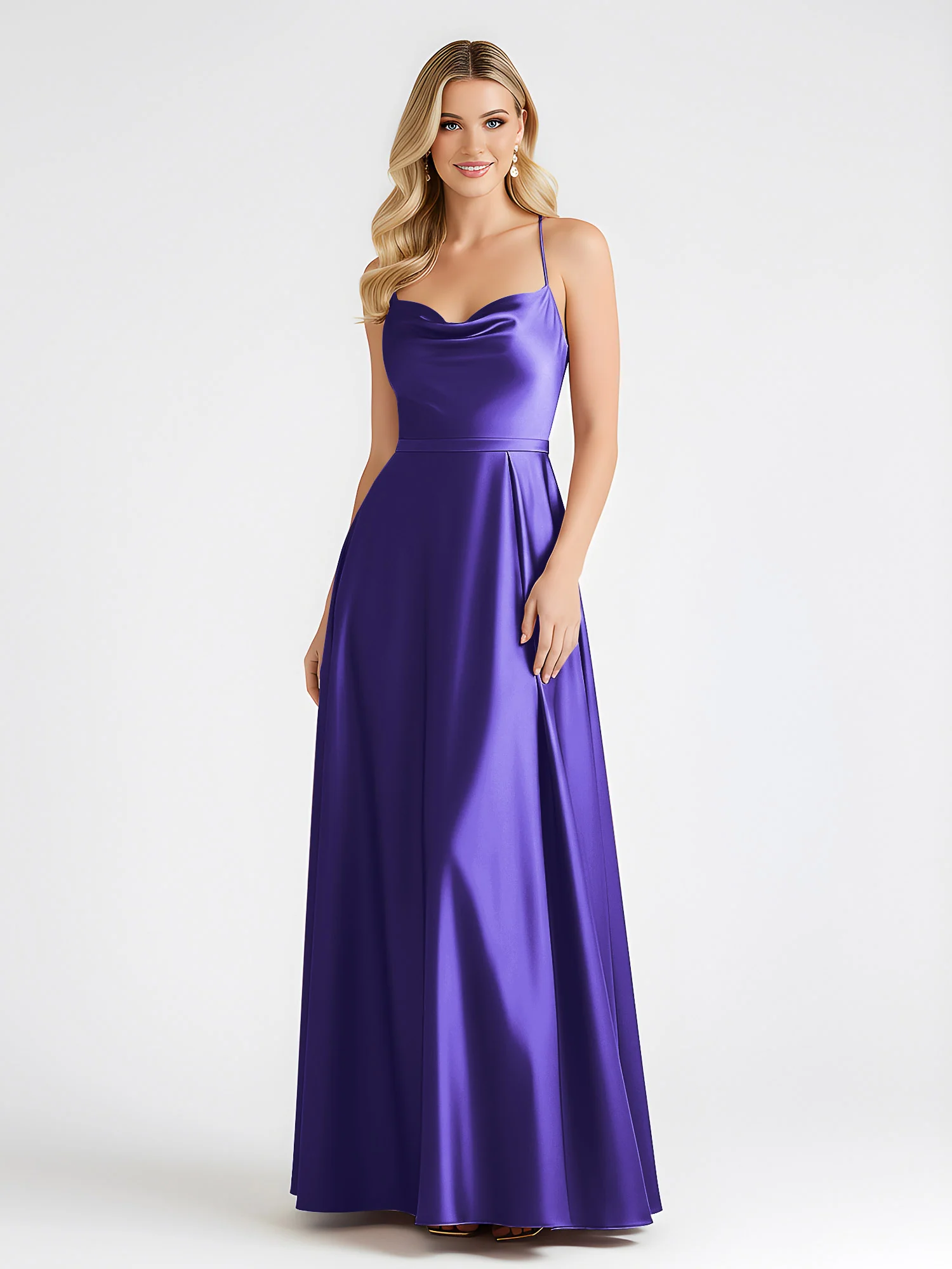 A-Line Satin Floor Length Cowl Neck Ruched Dresses Regency - Image 3
