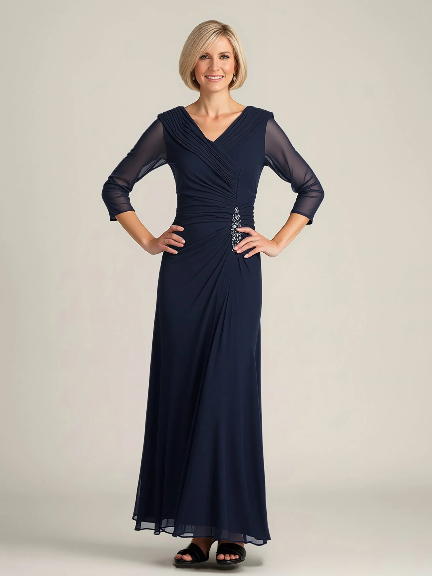 Chiffon Ruched Bodice Formal Gown with Sheer Sleeves Pool