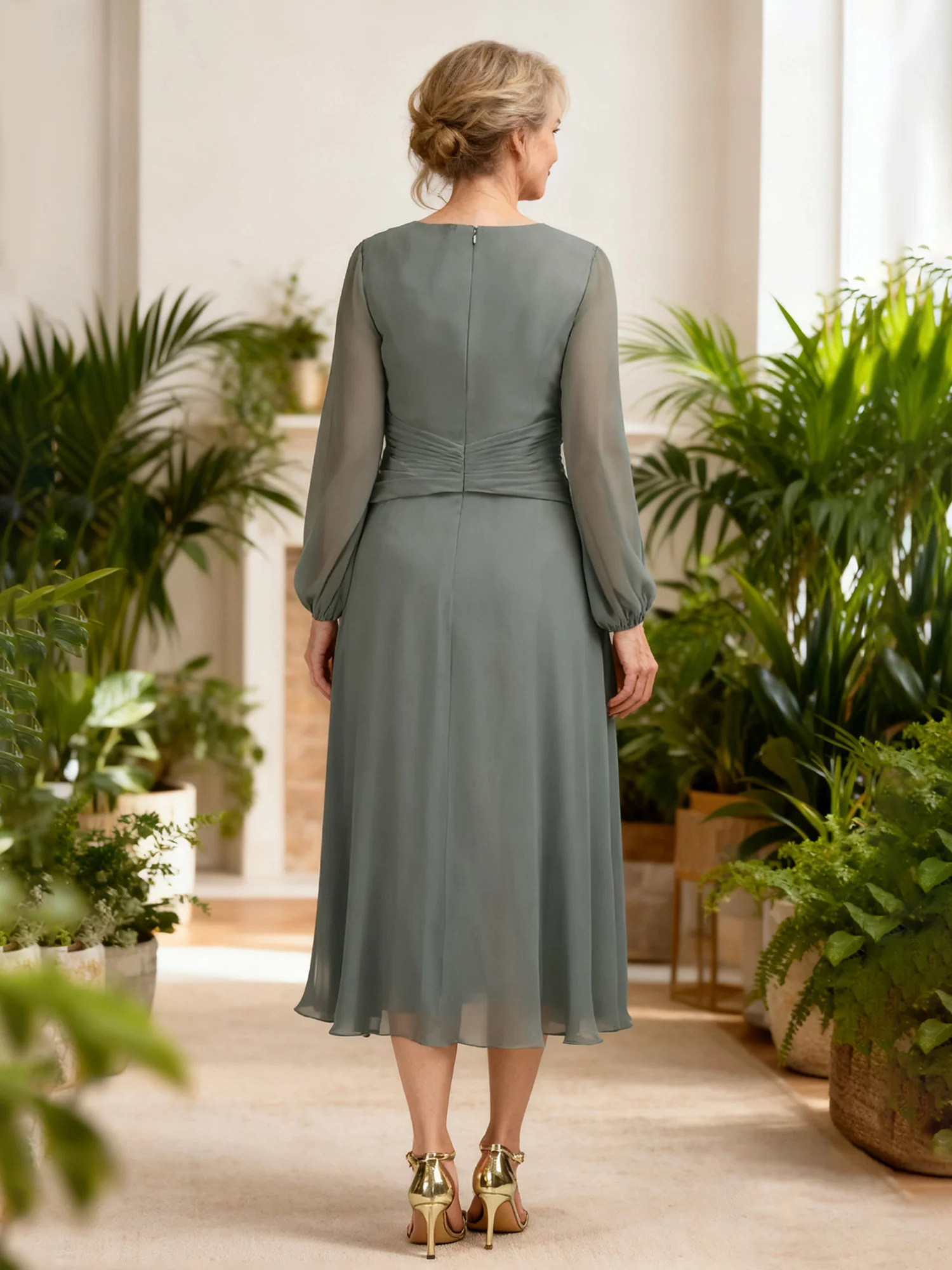V-Neck Chiffon A-Line Dress with Ruched Waist Steel Grey - Image 2