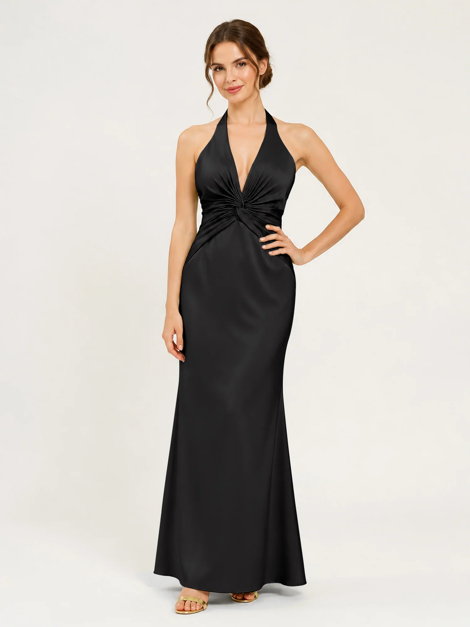 Halter Neck Satin Gown with Twisted Knot Waist Detail Black