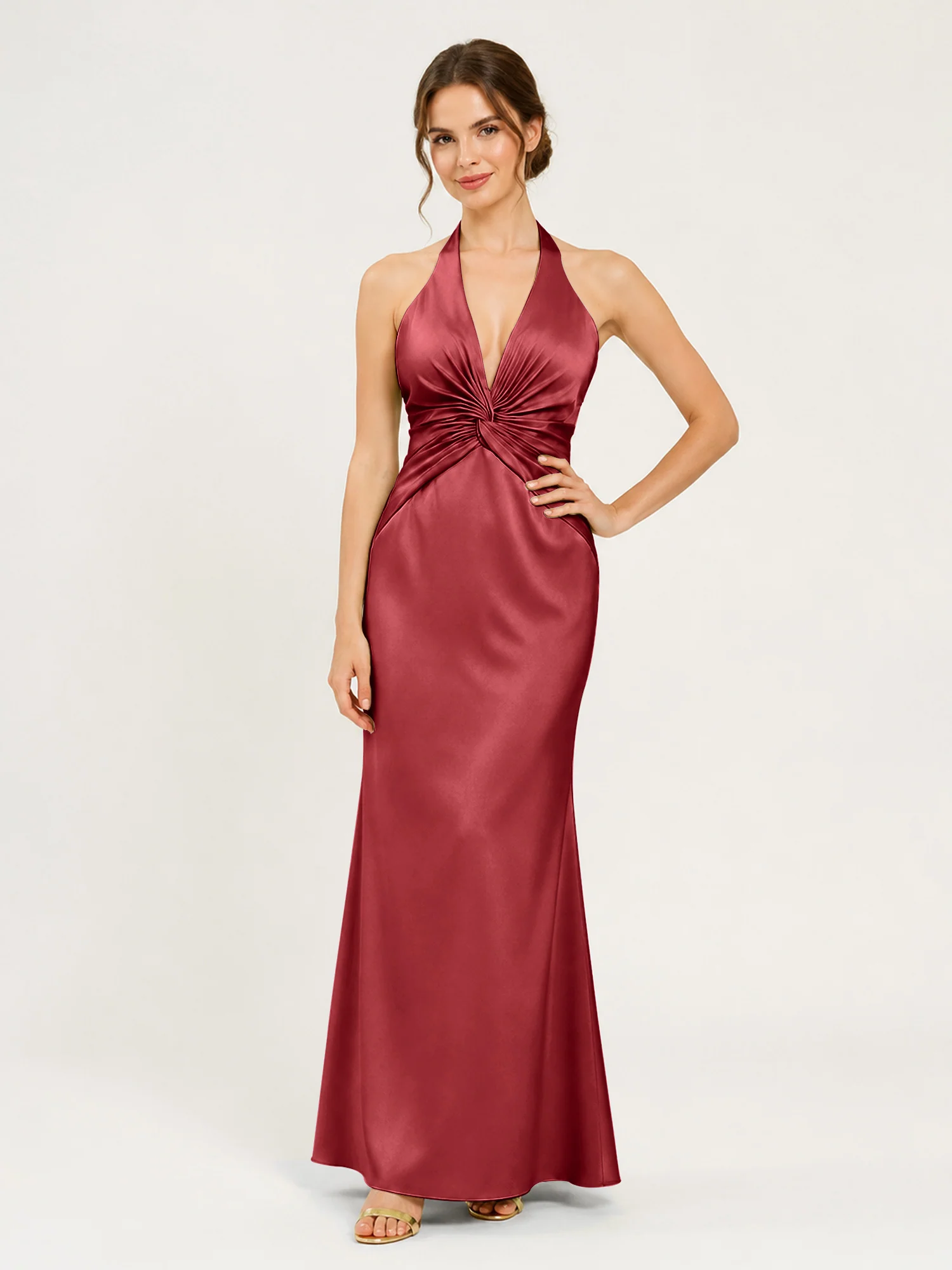 Halter Neck Satin Gown with Twisted Knot Waist Detail Burgundy