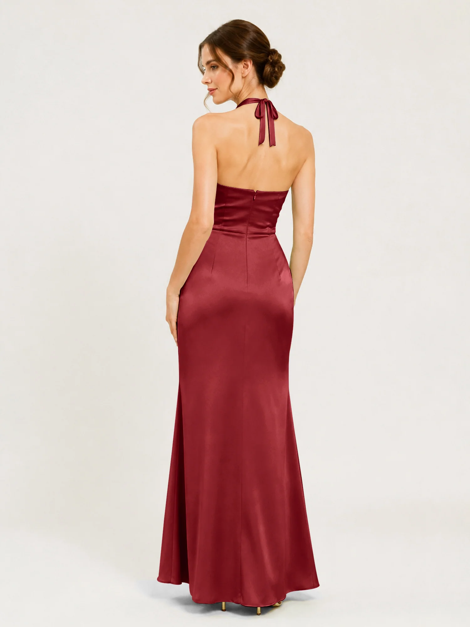 Halter Neck Satin Gown with Twisted Knot Waist Detail Burgundy - Image 2