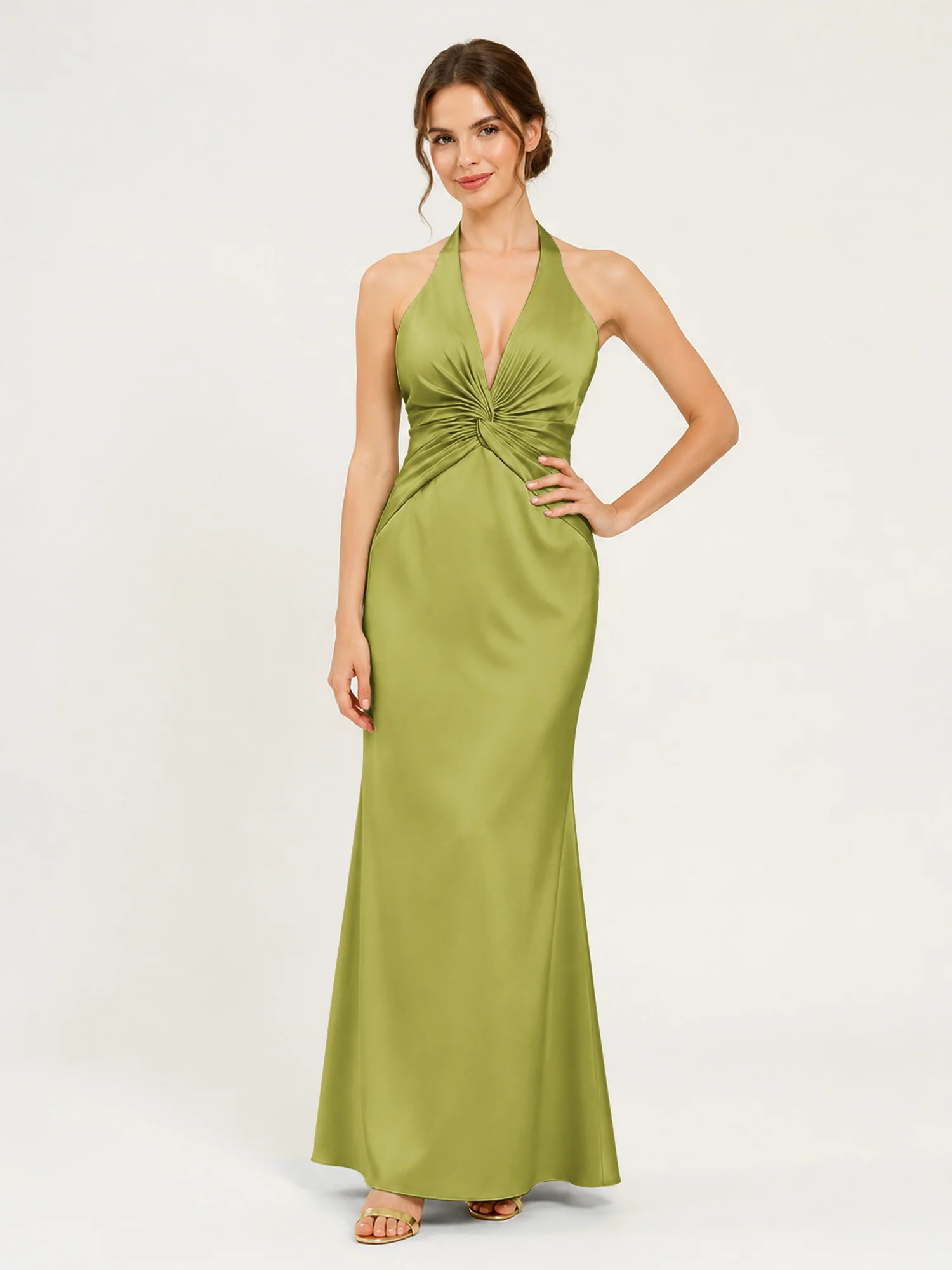 Halter Neck Satin Gown with Twisted Knot Waist Detail Clover