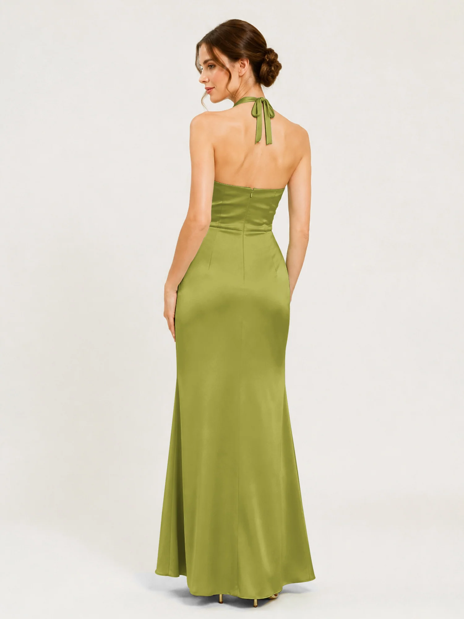Halter Neck Satin Gown with Twisted Knot Waist Detail Clover - Image 2
