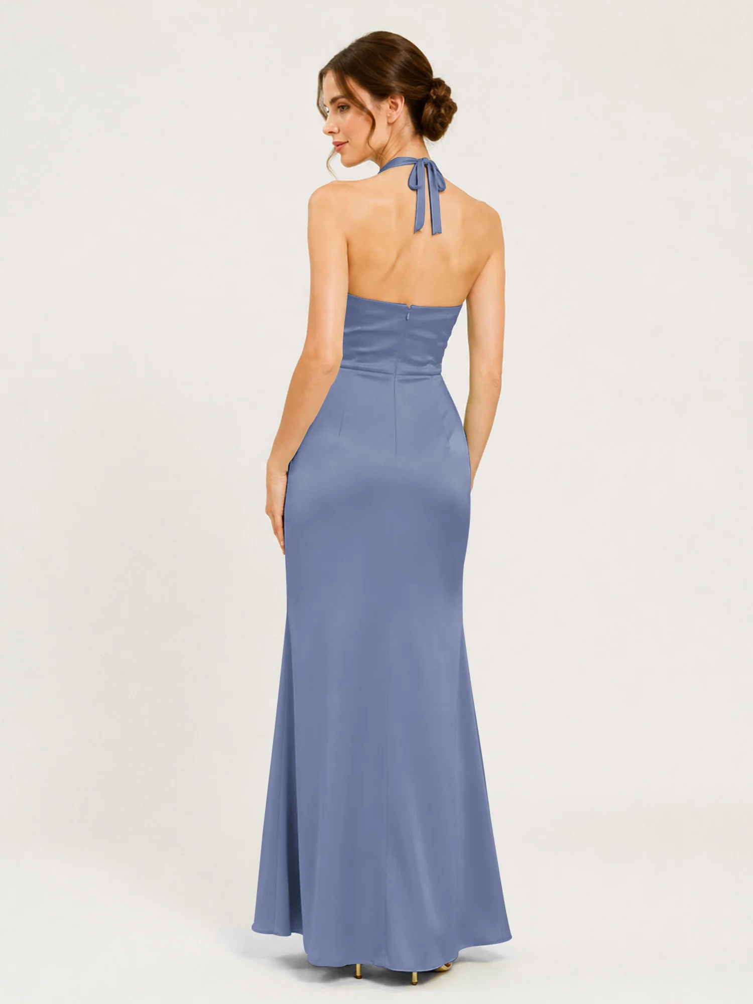 Halter Neck Satin Gown with Twisted Knot Waist Detail Dusty Blue - Image 2