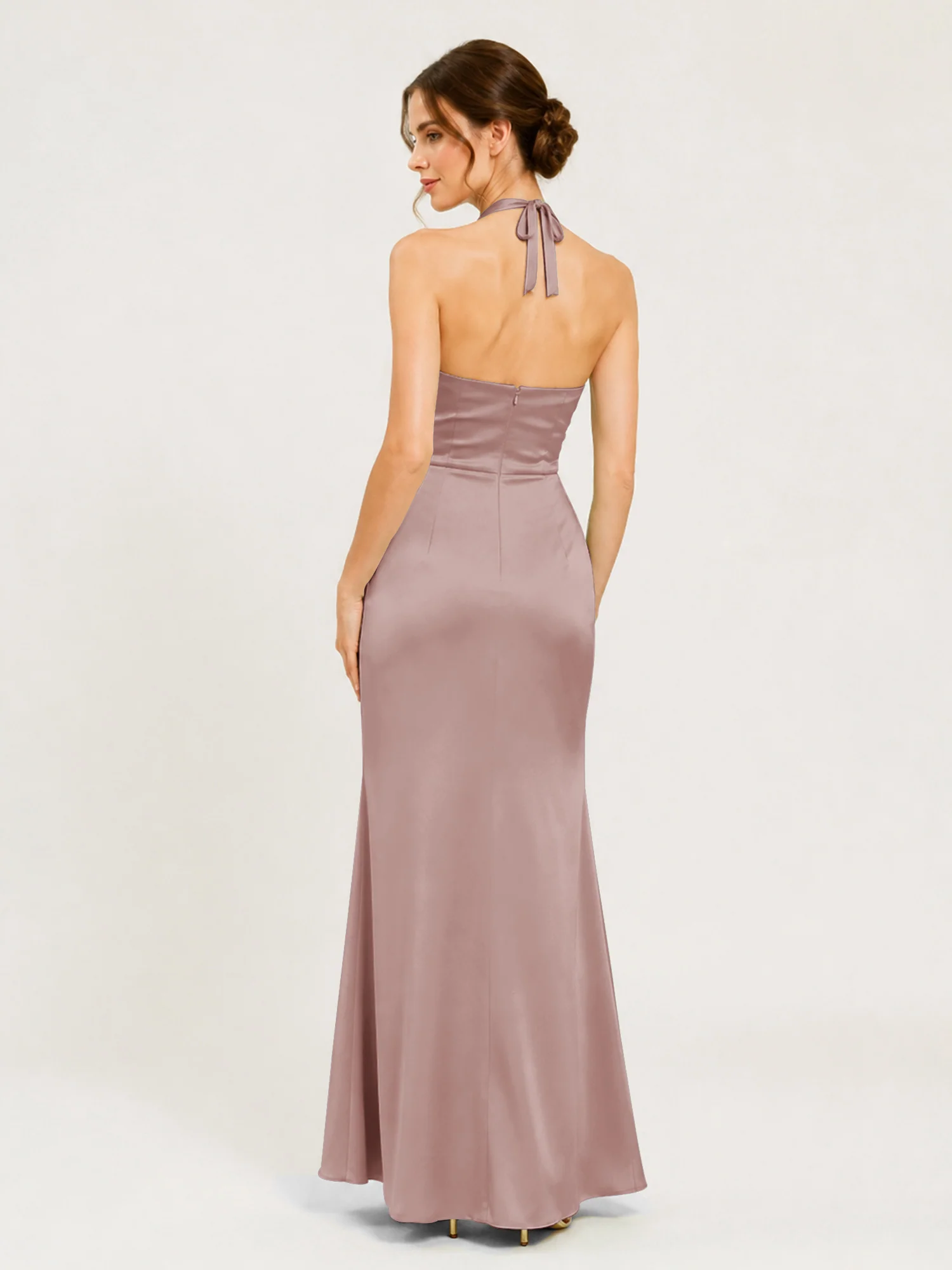 Halter Neck Satin Gown with Twisted Knot Waist Detail Dusty Rose - Image 2