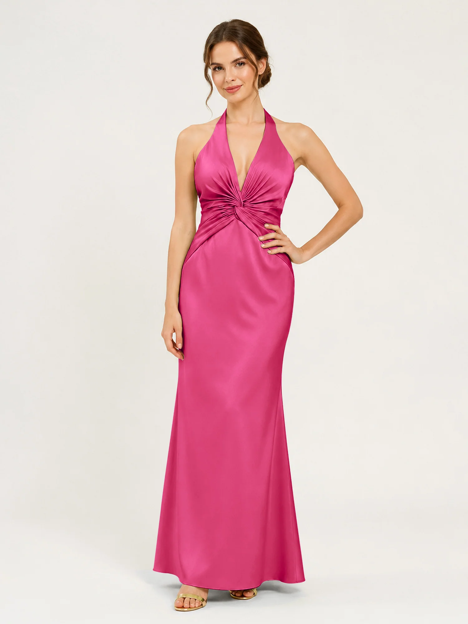 Halter Neck Satin Gown with Twisted Knot Waist Detail Fuchsia