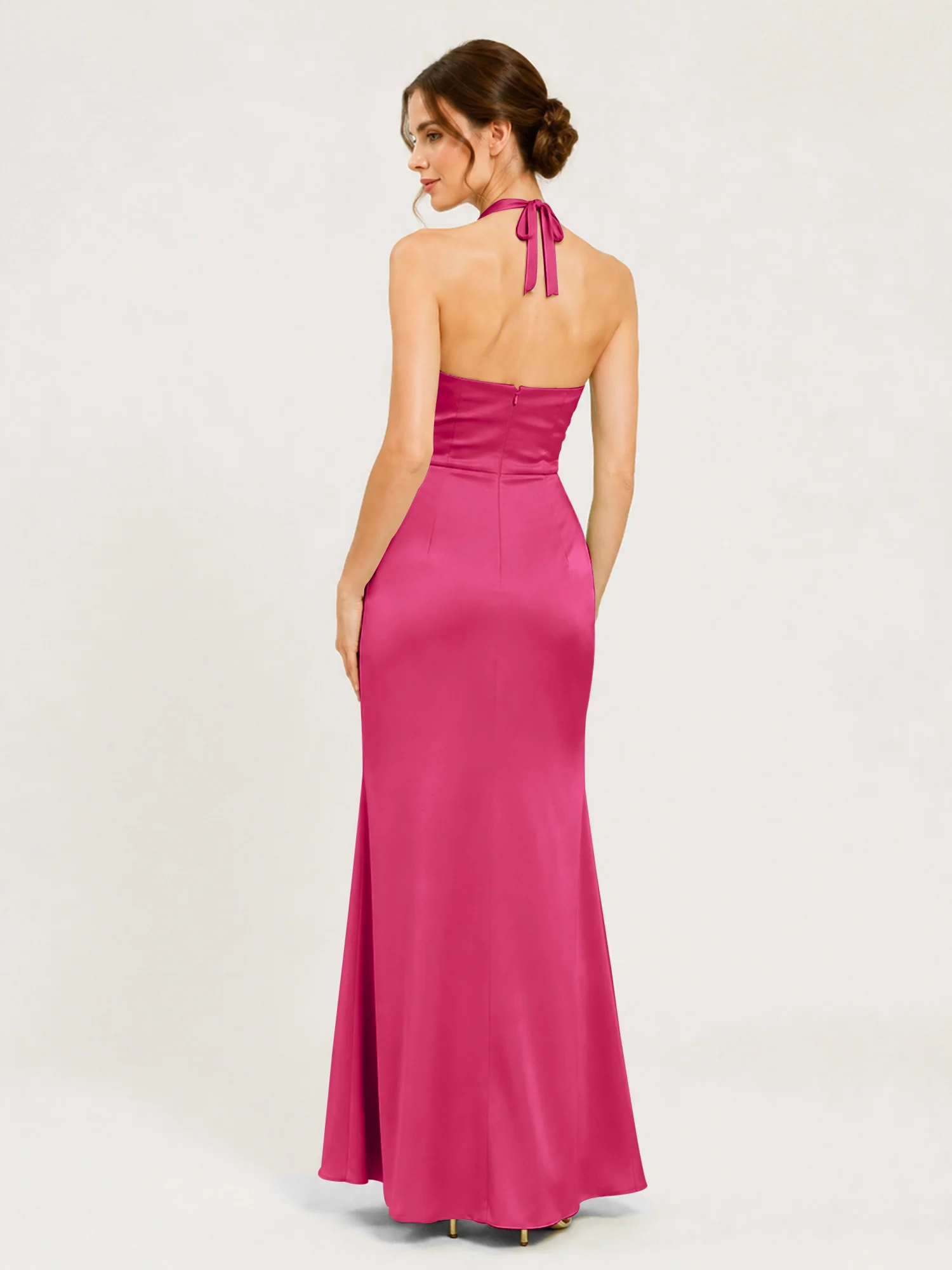 Halter Neck Satin Gown with Twisted Knot Waist Detail Fuchsia - Image 2