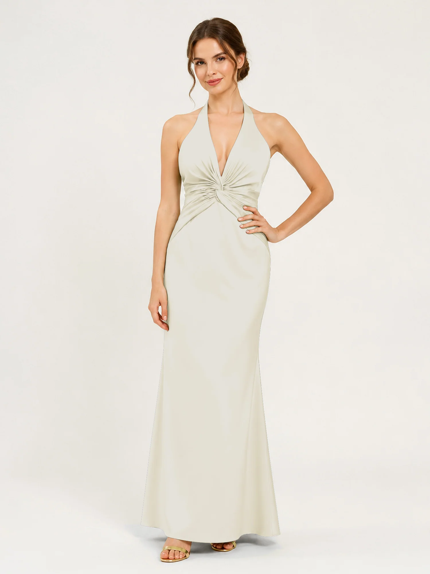 Halter Neck Satin Gown with Twisted Knot Waist Detail Ivory