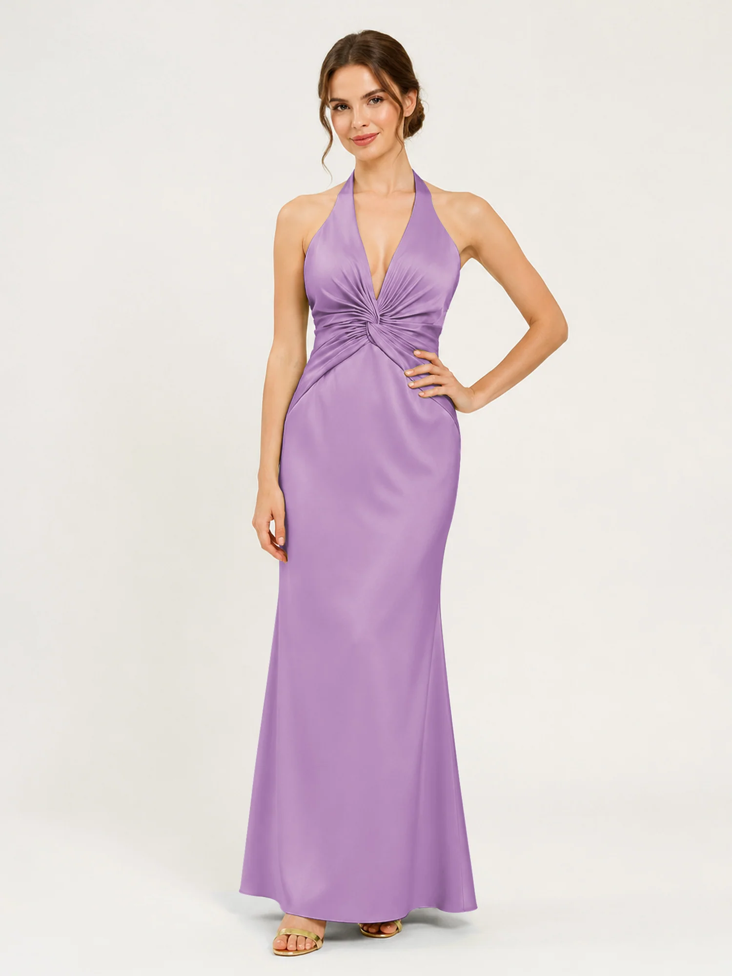 Halter Neck Satin Gown with Twisted Knot Waist Detail Lilac