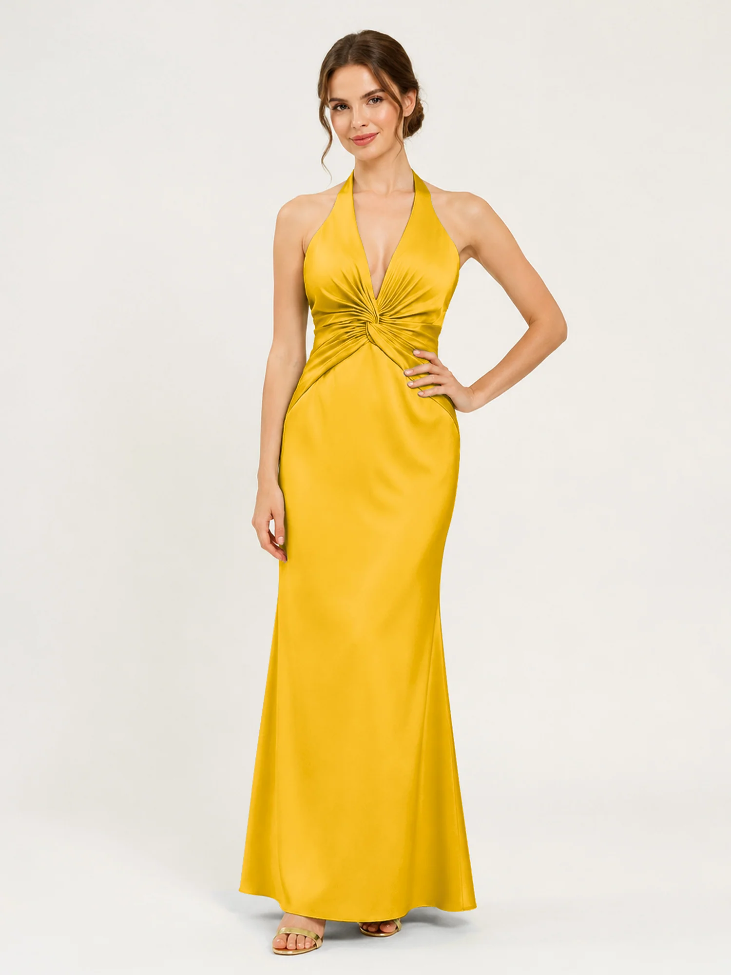 Halter Neck Satin Gown with Twisted Knot Waist Detail Marigold