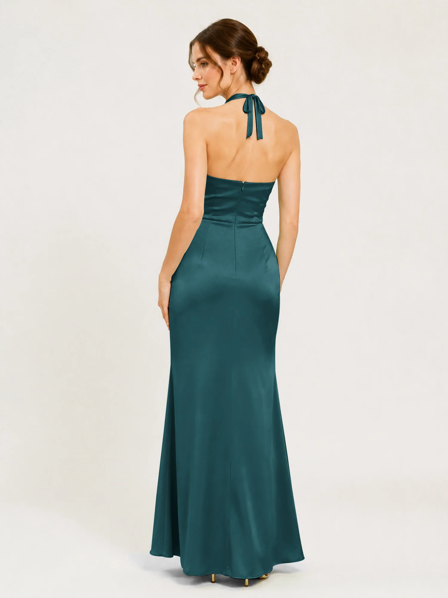 Halter Neck Satin Gown with Twisted Knot Waist Detail Peacock - Image 2