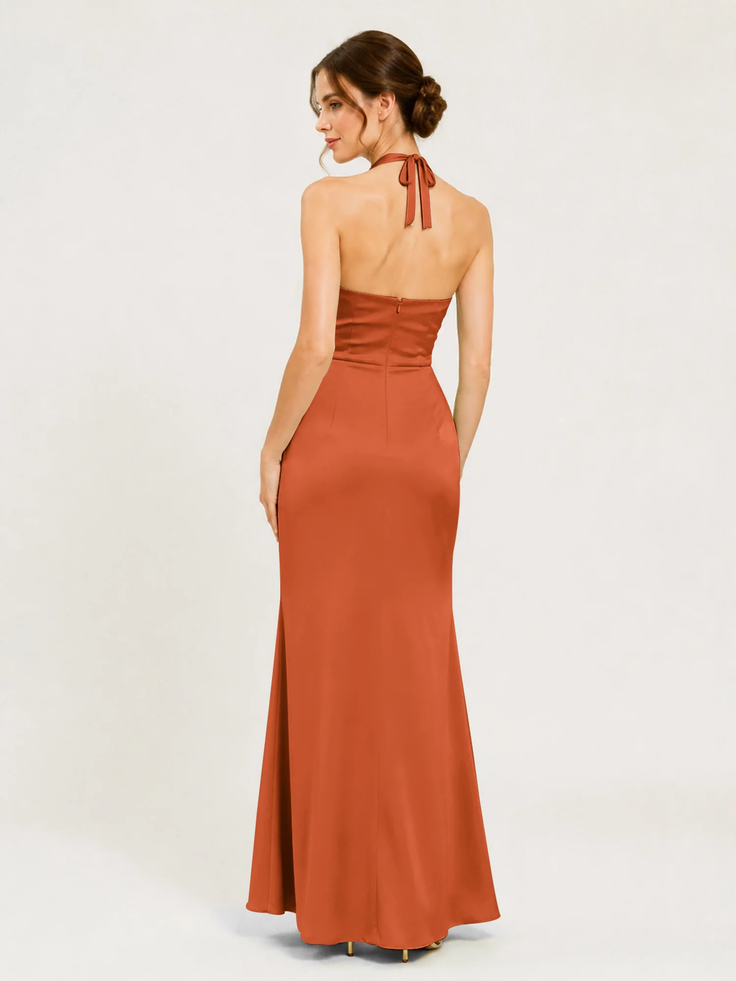 Halter Neck Satin Gown with Twisted Knot Waist Detail Rust - Image 2