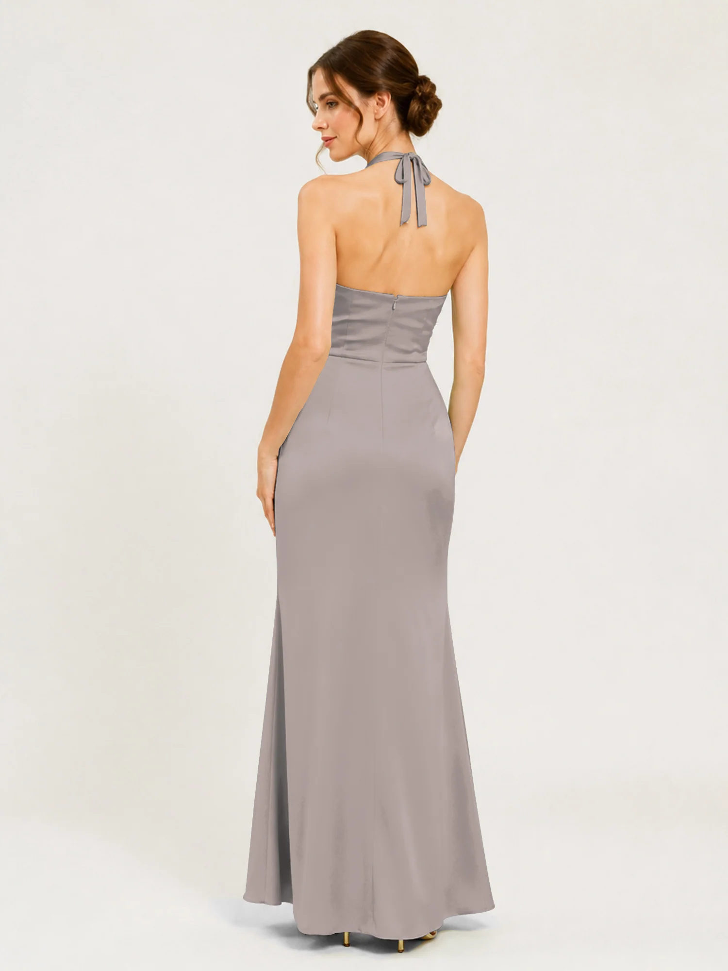 Halter Neck Satin Gown with Twisted Knot Waist Detail Silver - Image 2