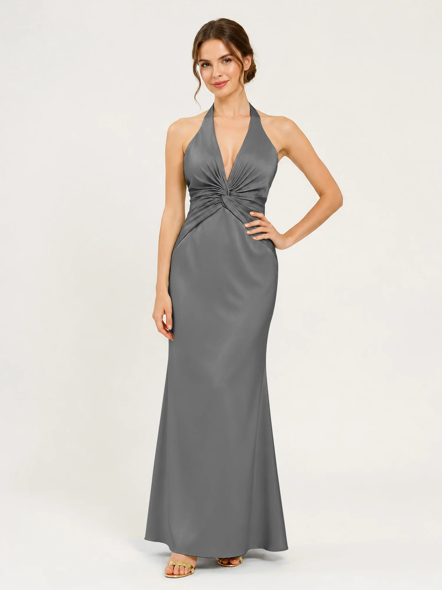 Halter Neck Satin Gown with Twisted Knot Waist Detail Steel Grey
