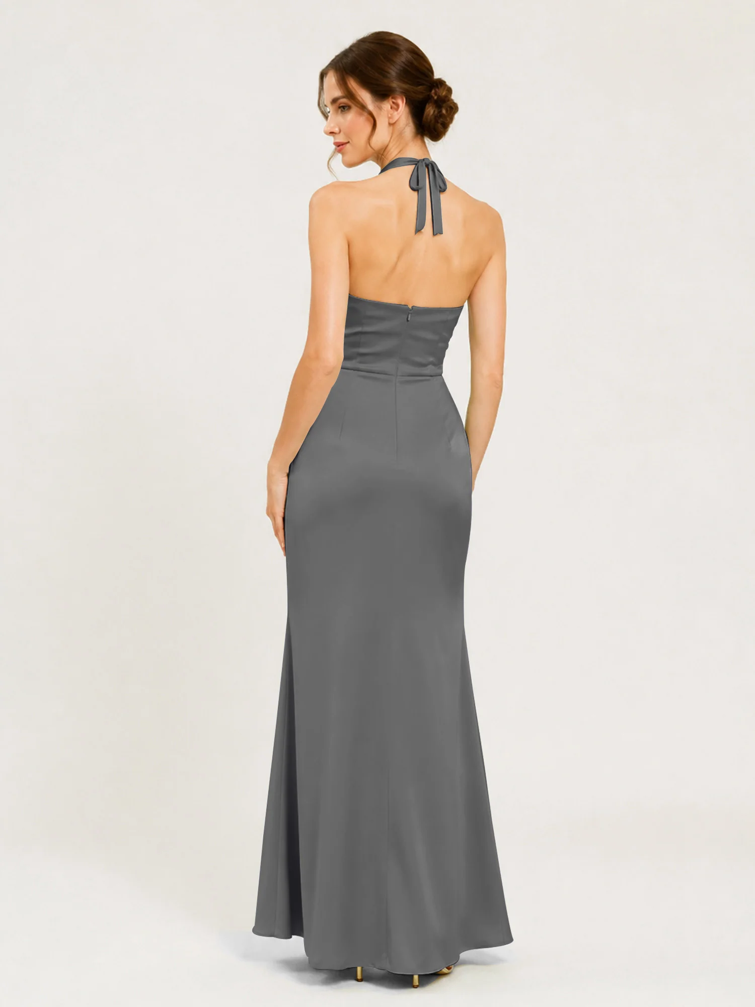 Halter Neck Satin Gown with Twisted Knot Waist Detail Steel Grey - Image 2