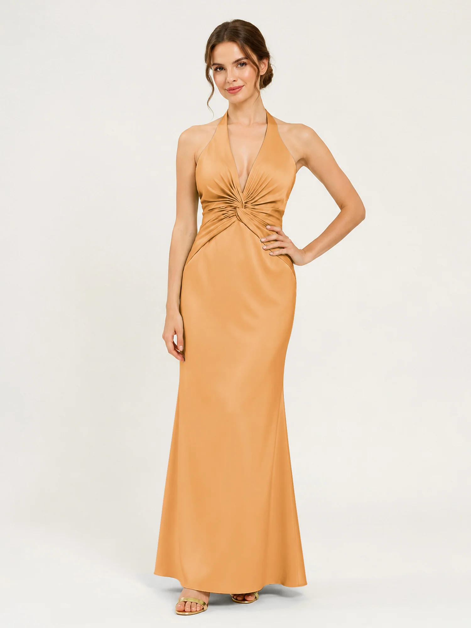 Halter Neck Satin Gown with Twisted Knot Waist Detail Tangerine