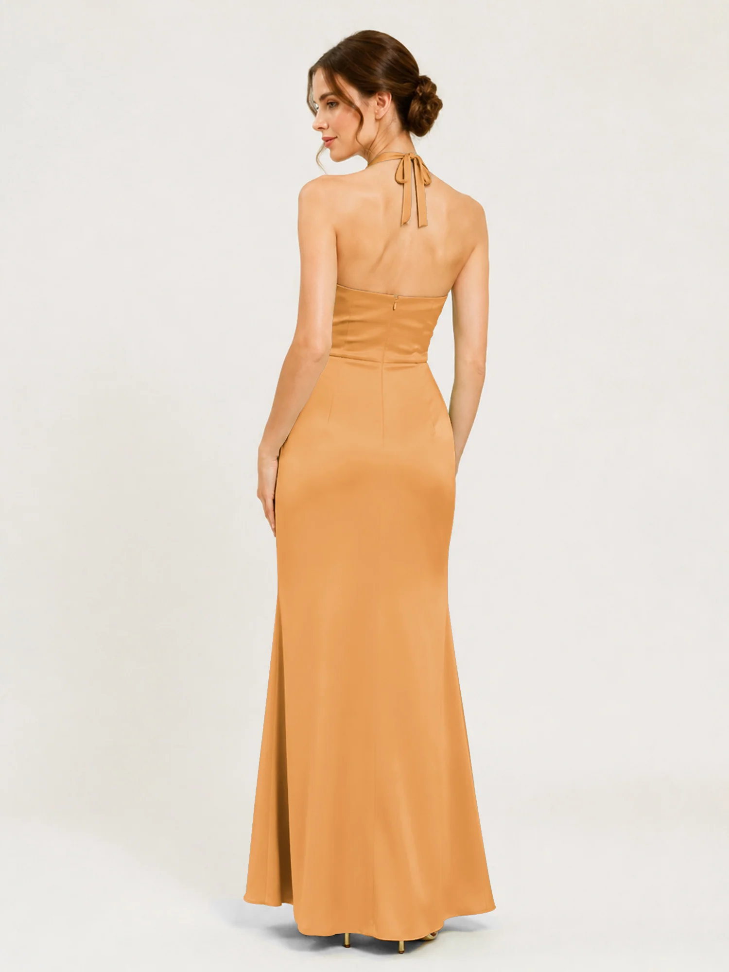 Halter Neck Satin Gown with Twisted Knot Waist Detail Tangerine - Image 2