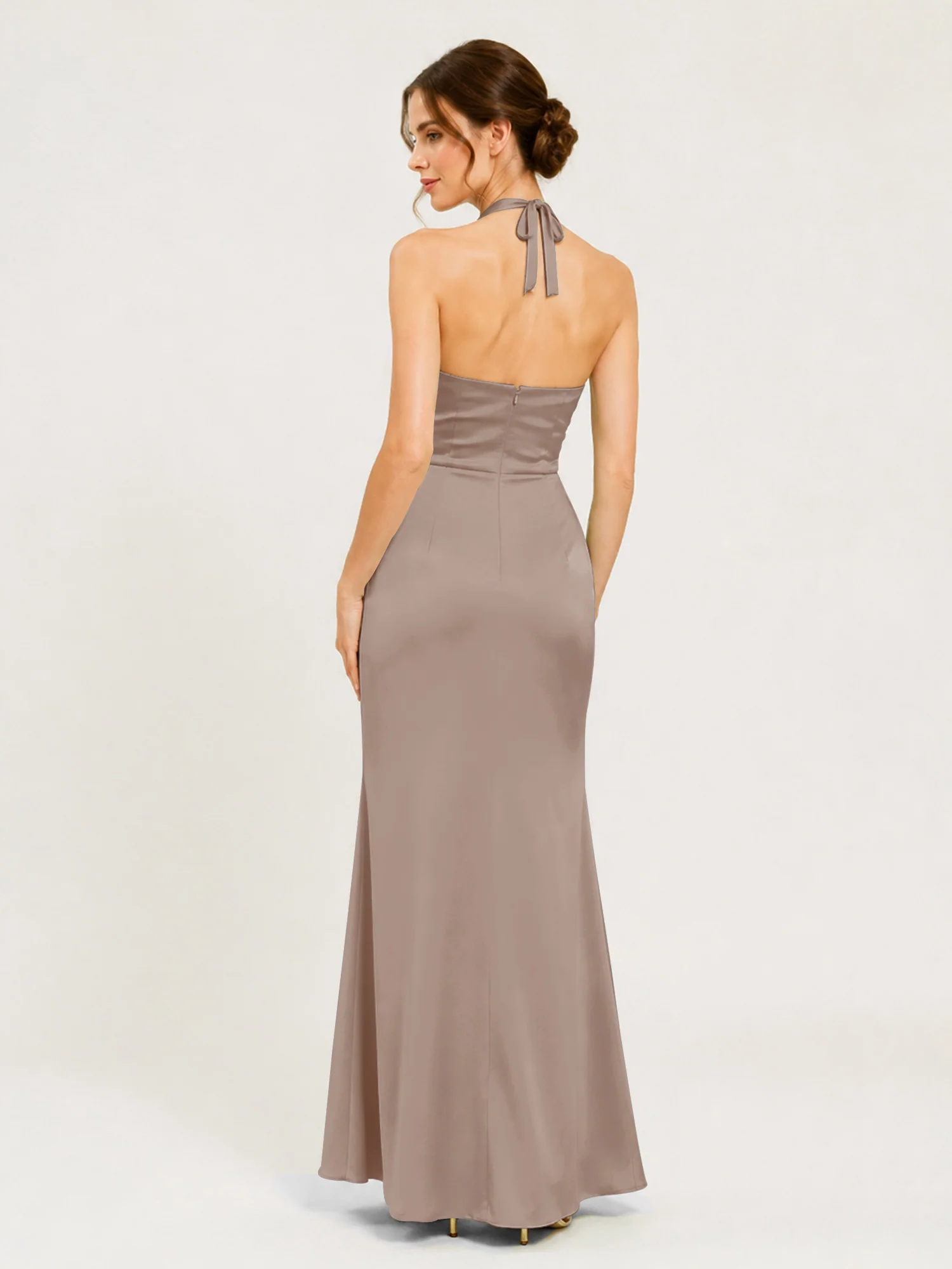 Halter Neck Satin Gown with Twisted Knot Waist Detail Taupe - Image 2